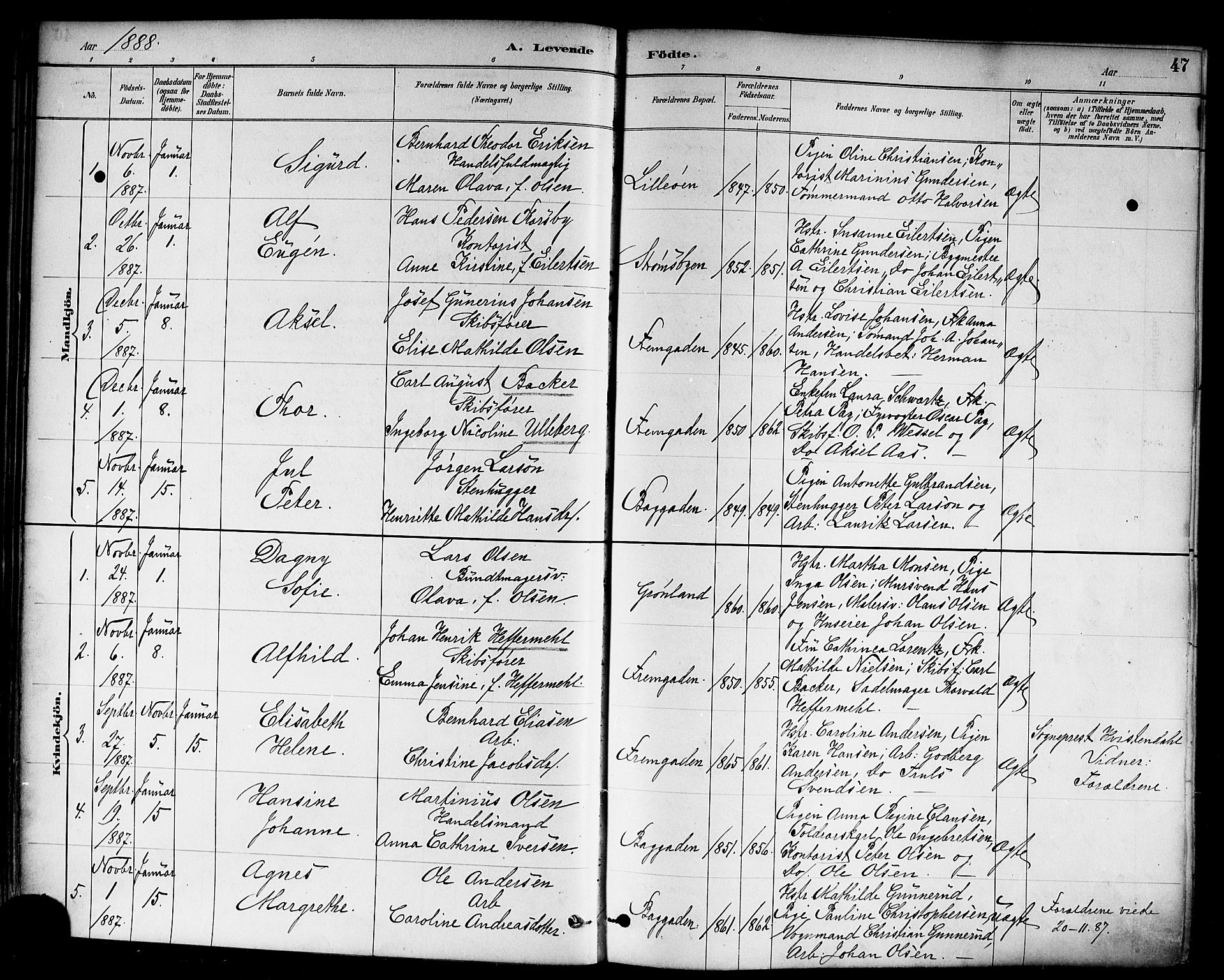 Strømsø kirkebøker, AV/SAKO-A-246/F/Fa/L0023: Ministerialbok nr. I 23, 1885-1894, s. 47