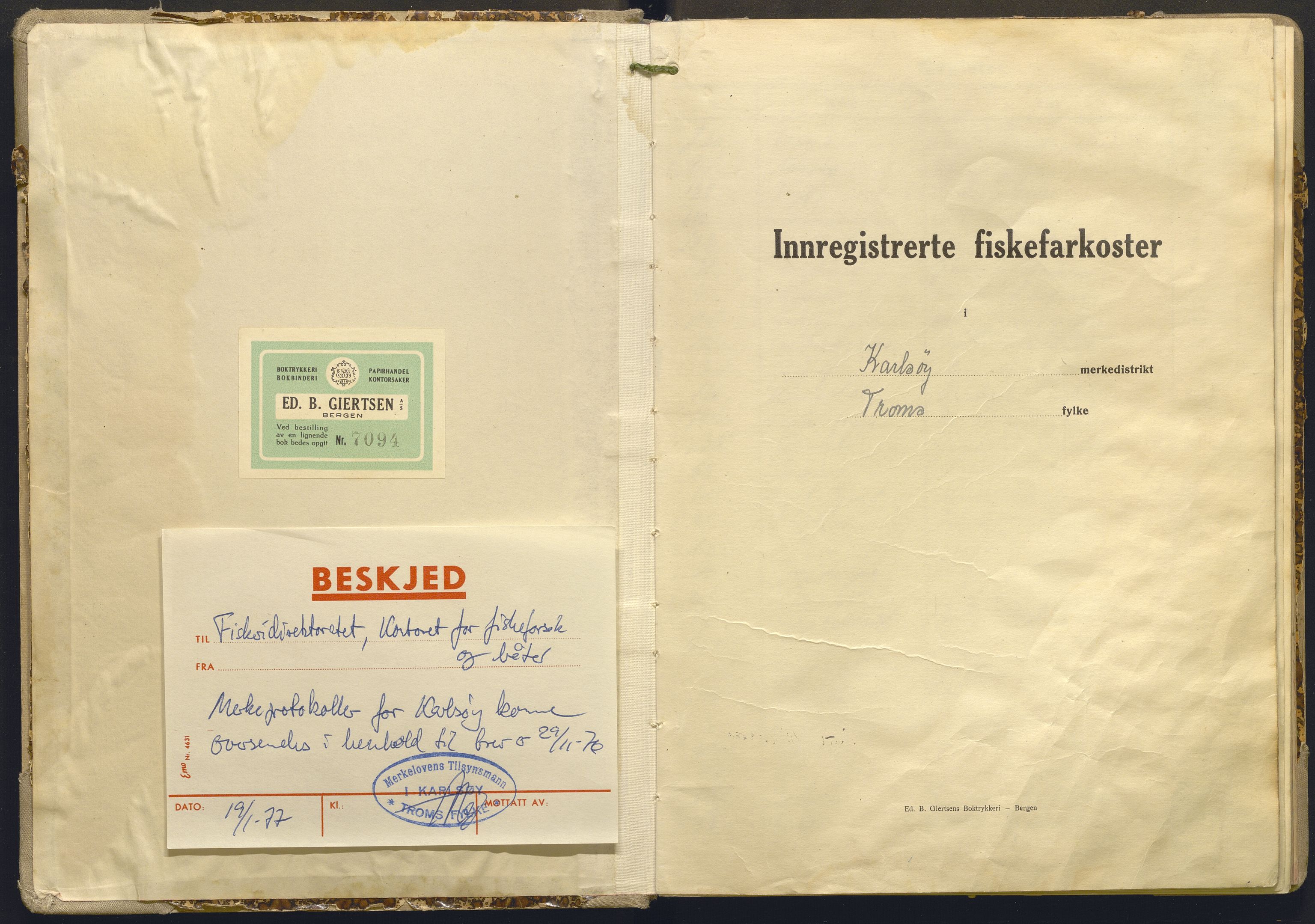 Fiskeridirektoratet - 1 Adm. ledelse - 13 Båtkontoret, AV/SAB-A-2003/I/Ia/Iab/L0028: 135.0212/2 Merkeprotokoll - Karlsøy, 1948-1955