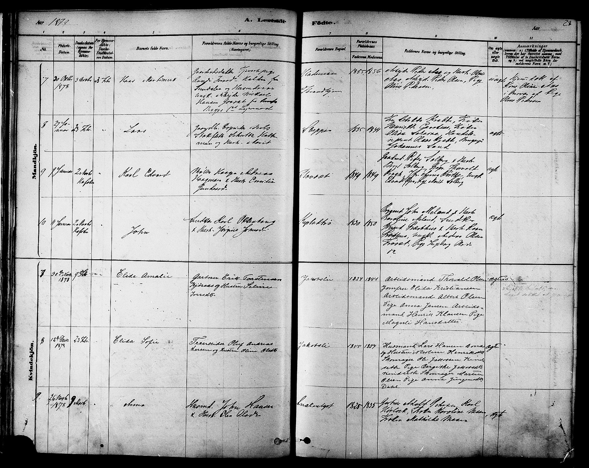 Ministerialprotokoller, klokkerbøker og fødselsregistre - Sør-Trøndelag, SAT/A-1456/606/L0294: Ministerialbok nr. 606A09, 1878-1886, s. 28
