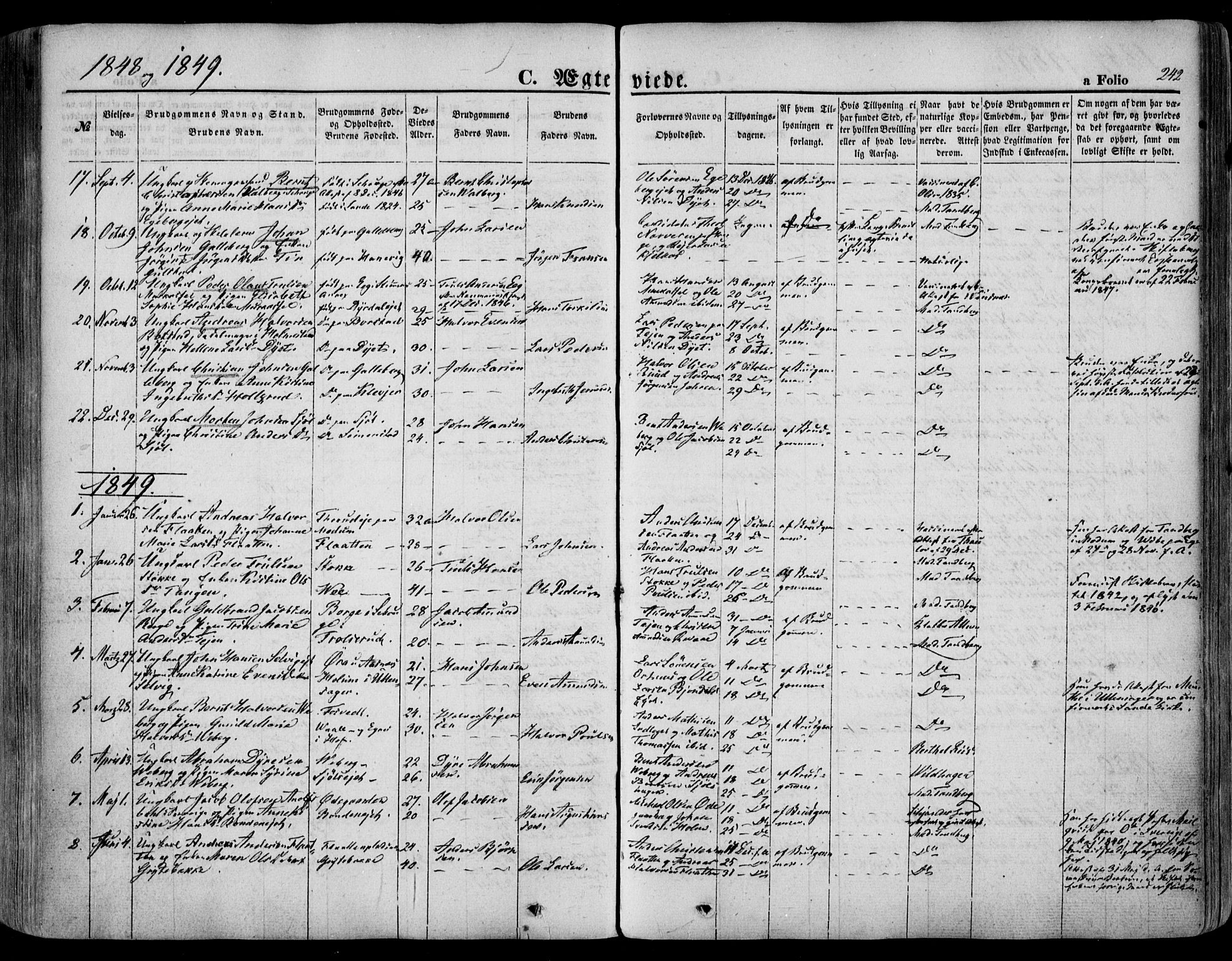 Sande Kirkebøker, AV/SAKO-A-53/F/Fa/L0004: Ministerialbok nr. 4, 1847-1864, s. 242