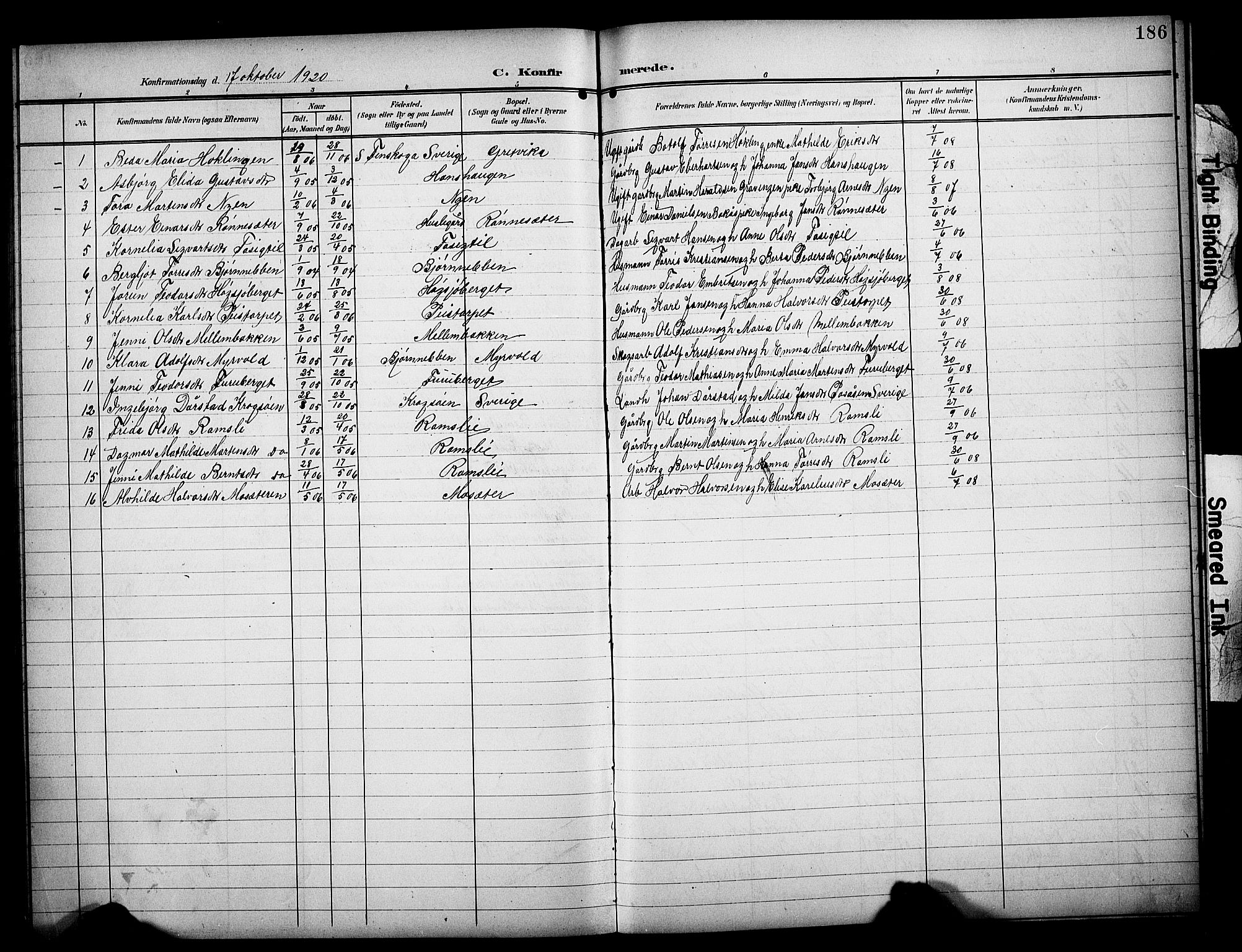 Åsnes prestekontor, AV/SAH-PREST-042/H/Ha/Hab/L0006: Klokkerbok nr. 6, 1903-1929, s. 186