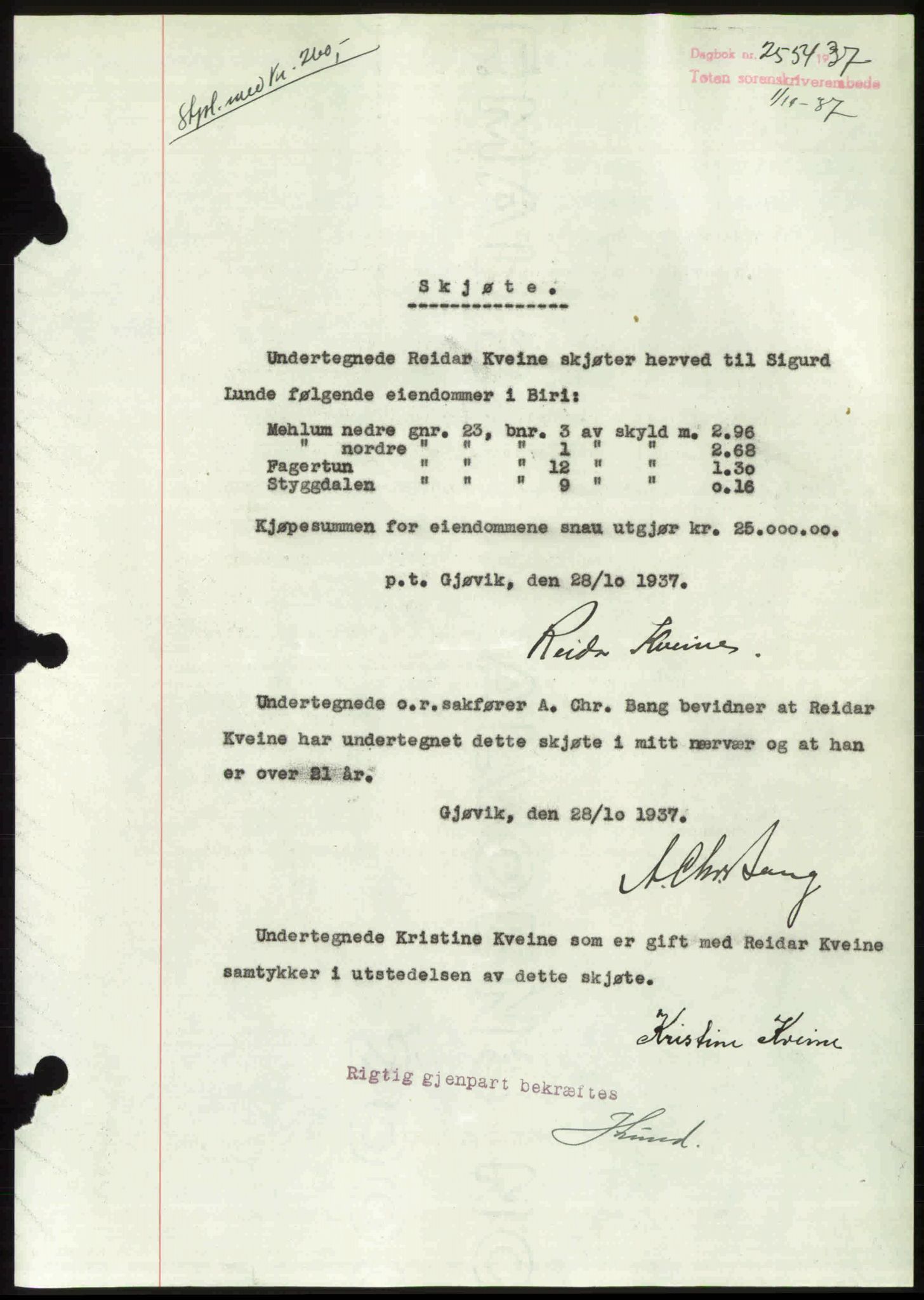 Toten tingrett, SAH/TING-006/H/Hb/Hbc/L0003: Pantebok nr. Hbc-03, 1937-1938, Dagboknr: 2554/1937