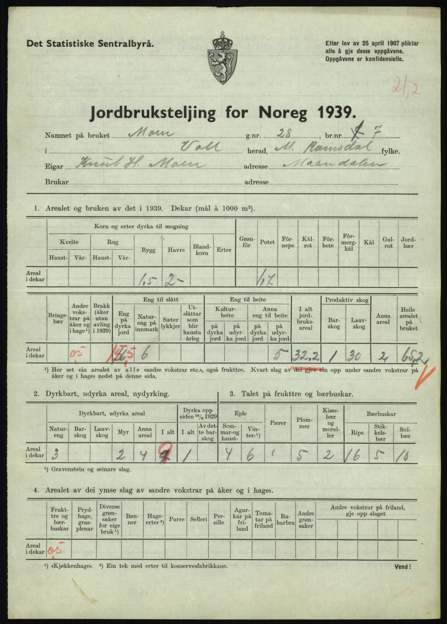 Statistisk sentralbyrå, Næringsøkonomiske emner, Jordbruk, skogbruk, jakt, fiske og fangst, AV/RA-S-2234/G/Gb/L0251: Møre og Romsdal: Voll, Eid, Grytten og Hen, 1939, s. 155