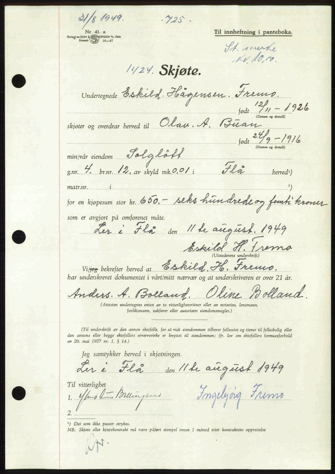 Gauldal sorenskriveri, SAT/A-0014/1/2/2C: Pantebok nr. A8, 1949-1949, Dagboknr: 1424/1949