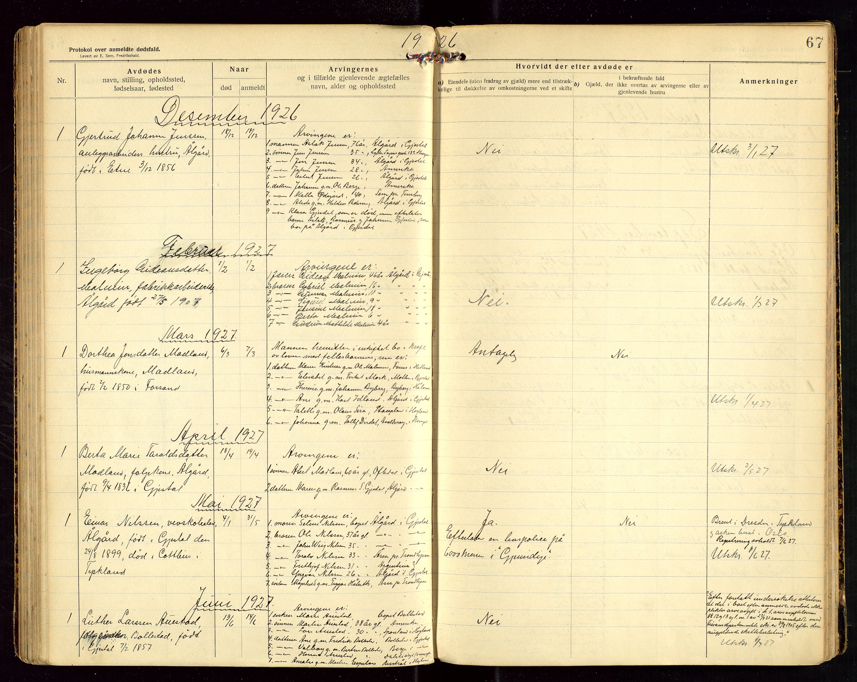 Gjesdal lensmannskontor, AV/SAST-A-100441/Gga/L0002: Dødsfallprotokoll, 1911-1933, s. 67