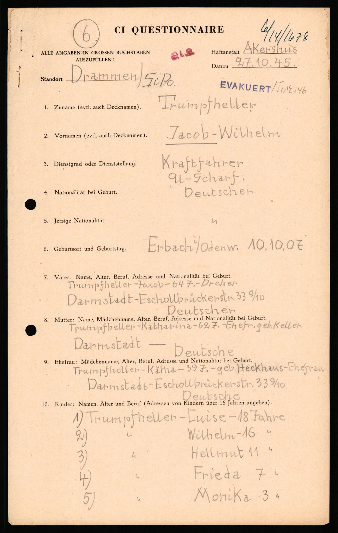 Forsvaret, Forsvarets overkommando II, AV/RA-RAFA-3915/D/Db/L0034: CI Questionaires. Tyske okkupasjonsstyrker i Norge. Tyskere., 1945-1946, s. 114