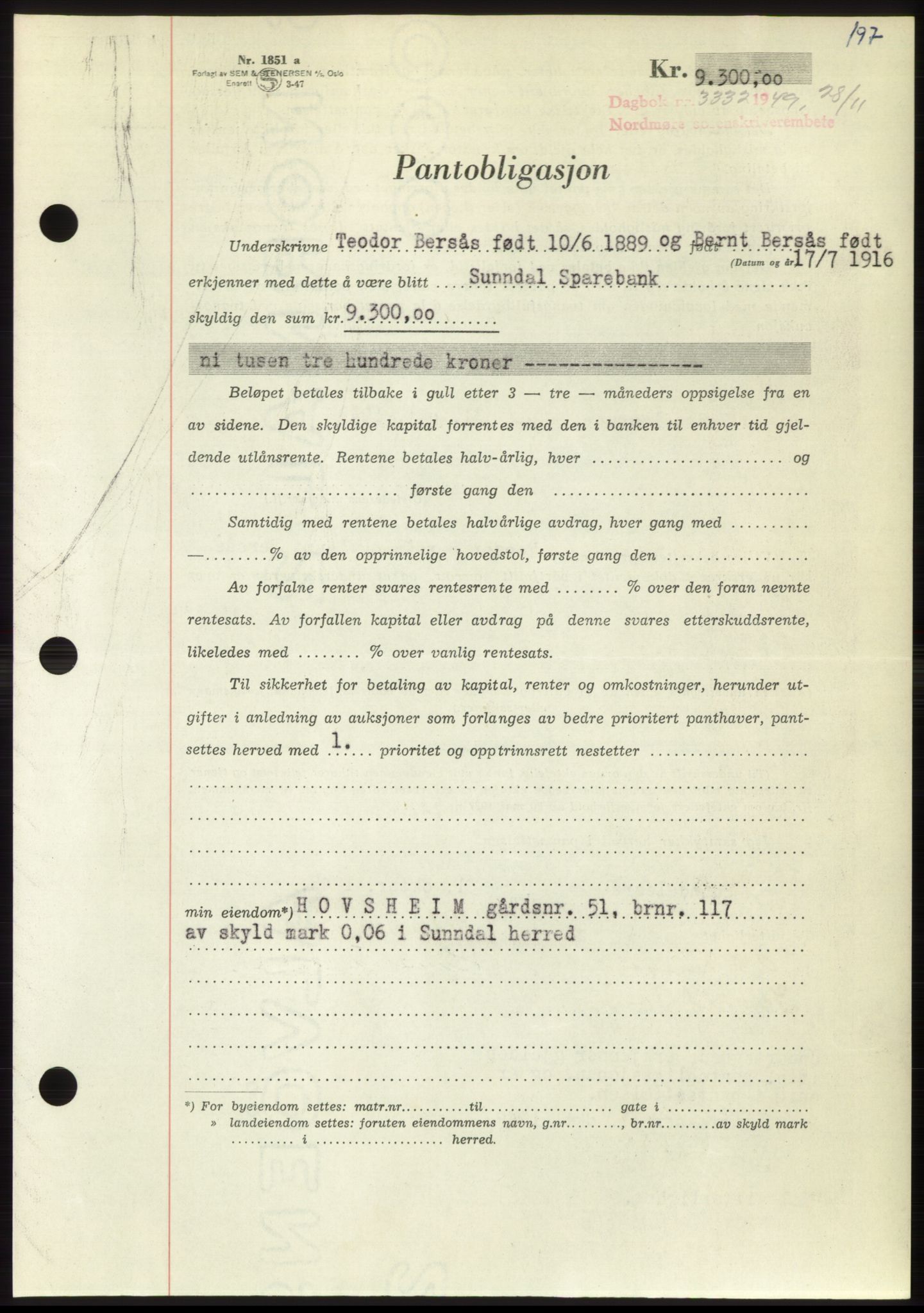 Nordmøre sorenskriveri, AV/SAT-A-4132/1/2/2Ca: Pantebok nr. B103, 1949-1950, Dagboknr: 3332/1949