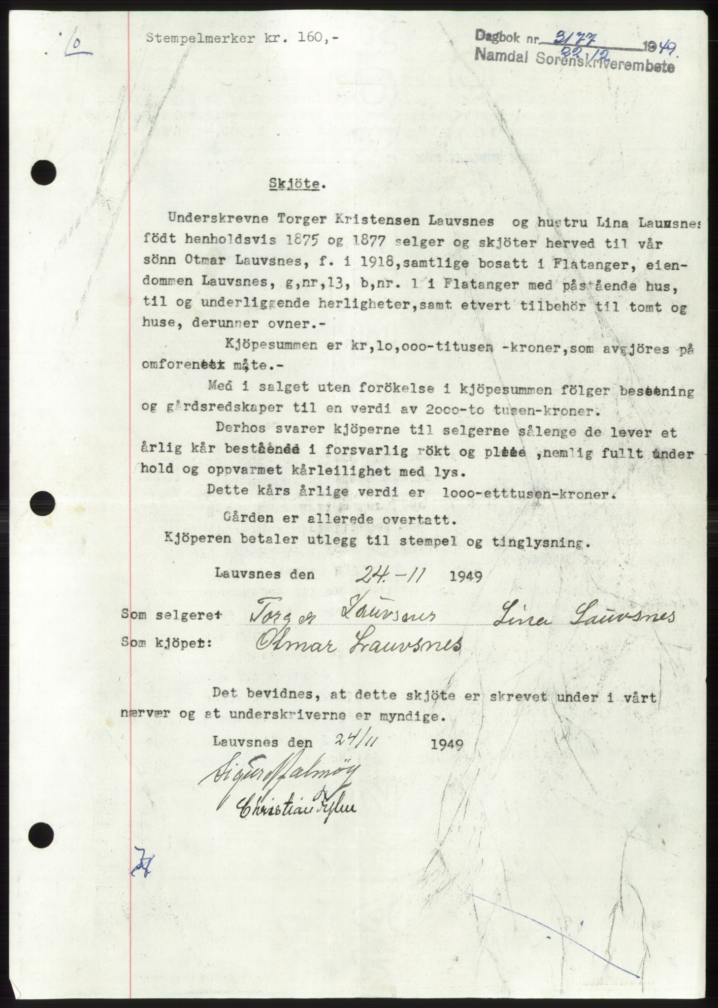 Namdal sorenskriveri, SAT/A-4133/1/2/2C: Pantebok nr. -, 1949-1949, Dagboknr: 3177/1949