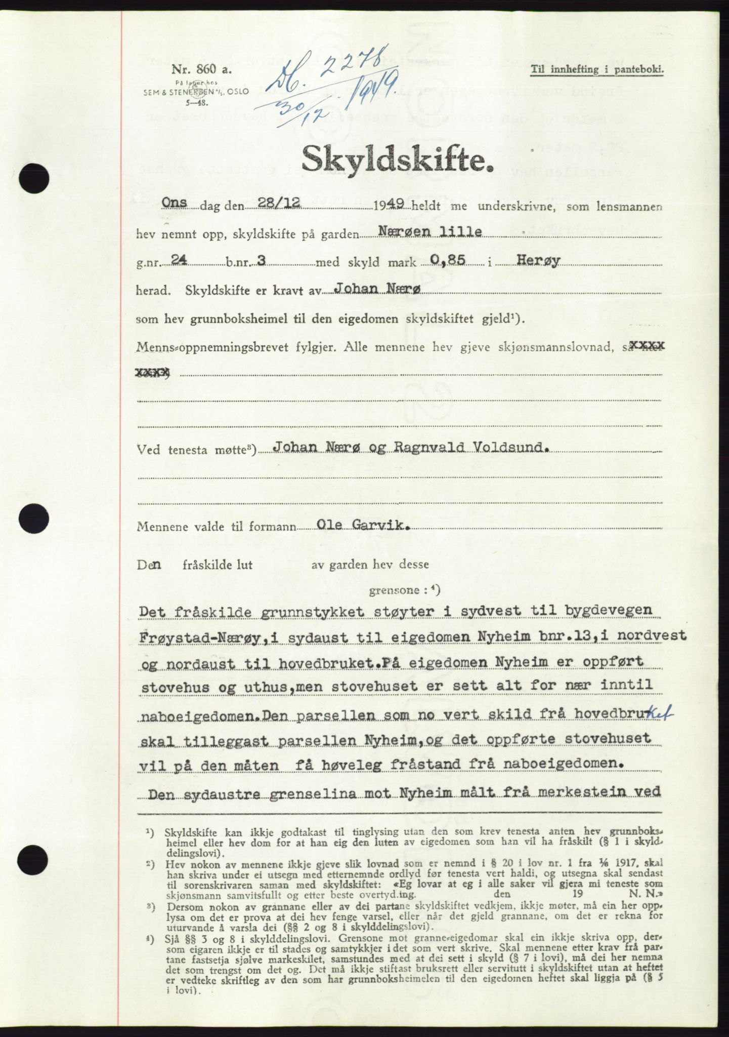 Søre Sunnmøre sorenskriveri, SAT/A-4122/1/2/2C/L0086: Pantebok nr. 12A, 1949-1950, Dagboknr: 2278/1949