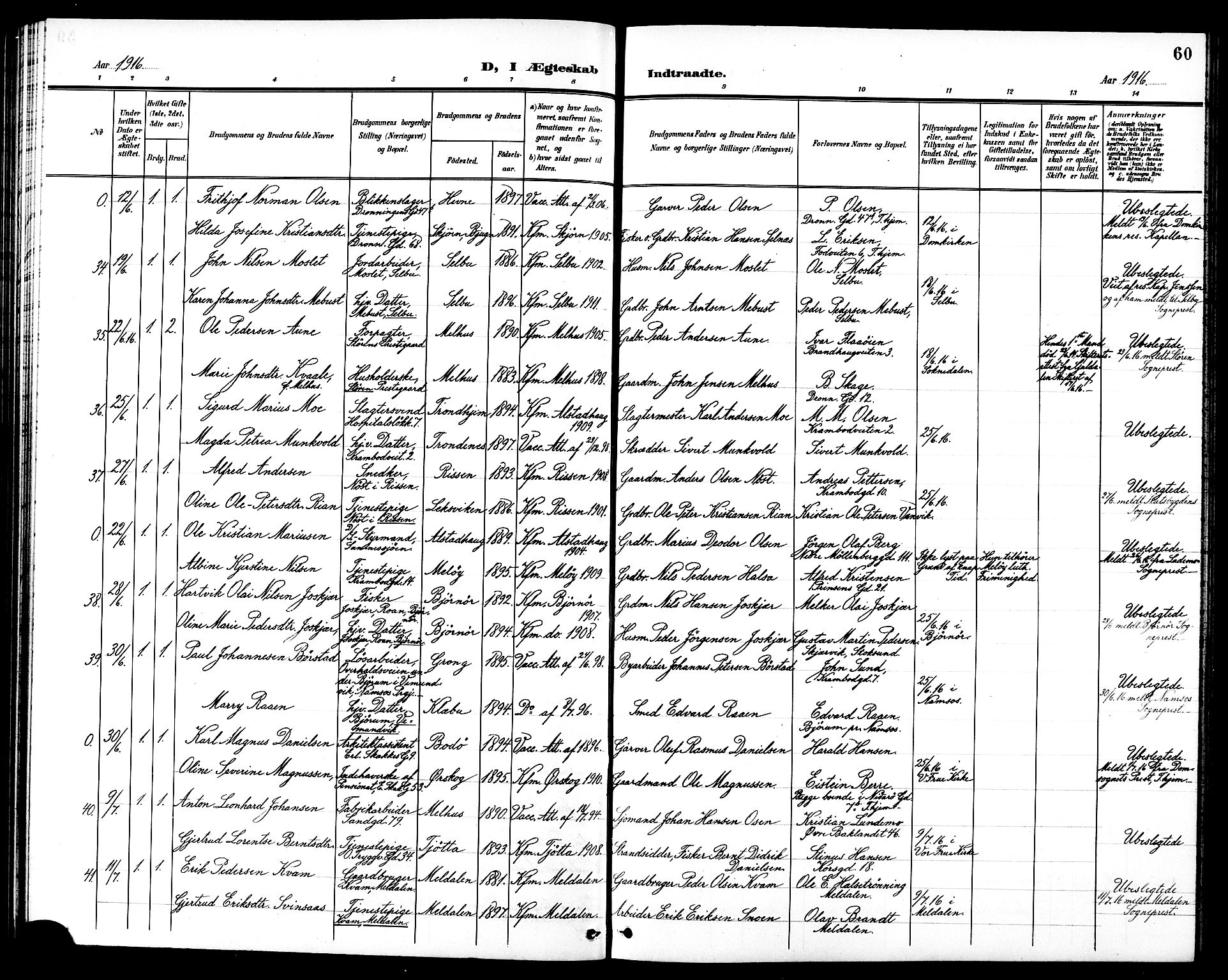 Ministerialprotokoller, klokkerbøker og fødselsregistre - Sør-Trøndelag, AV/SAT-A-1456/602/L0145: Klokkerbok nr. 602C13, 1902-1919, s. 60