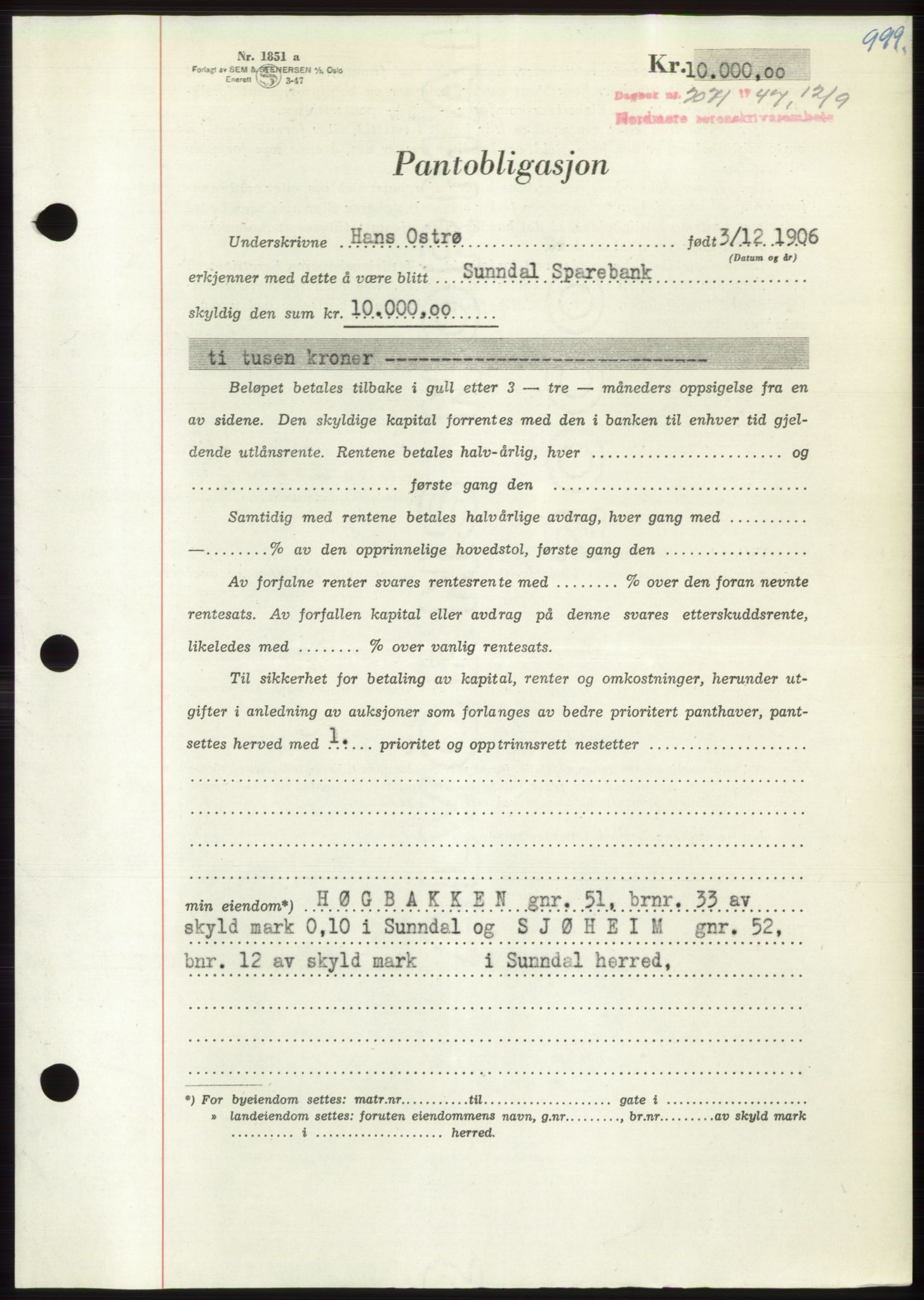 Nordmøre sorenskriveri, AV/SAT-A-4132/1/2/2Ca: Pantebok nr. B96, 1947-1947, Dagboknr: 2071/1947