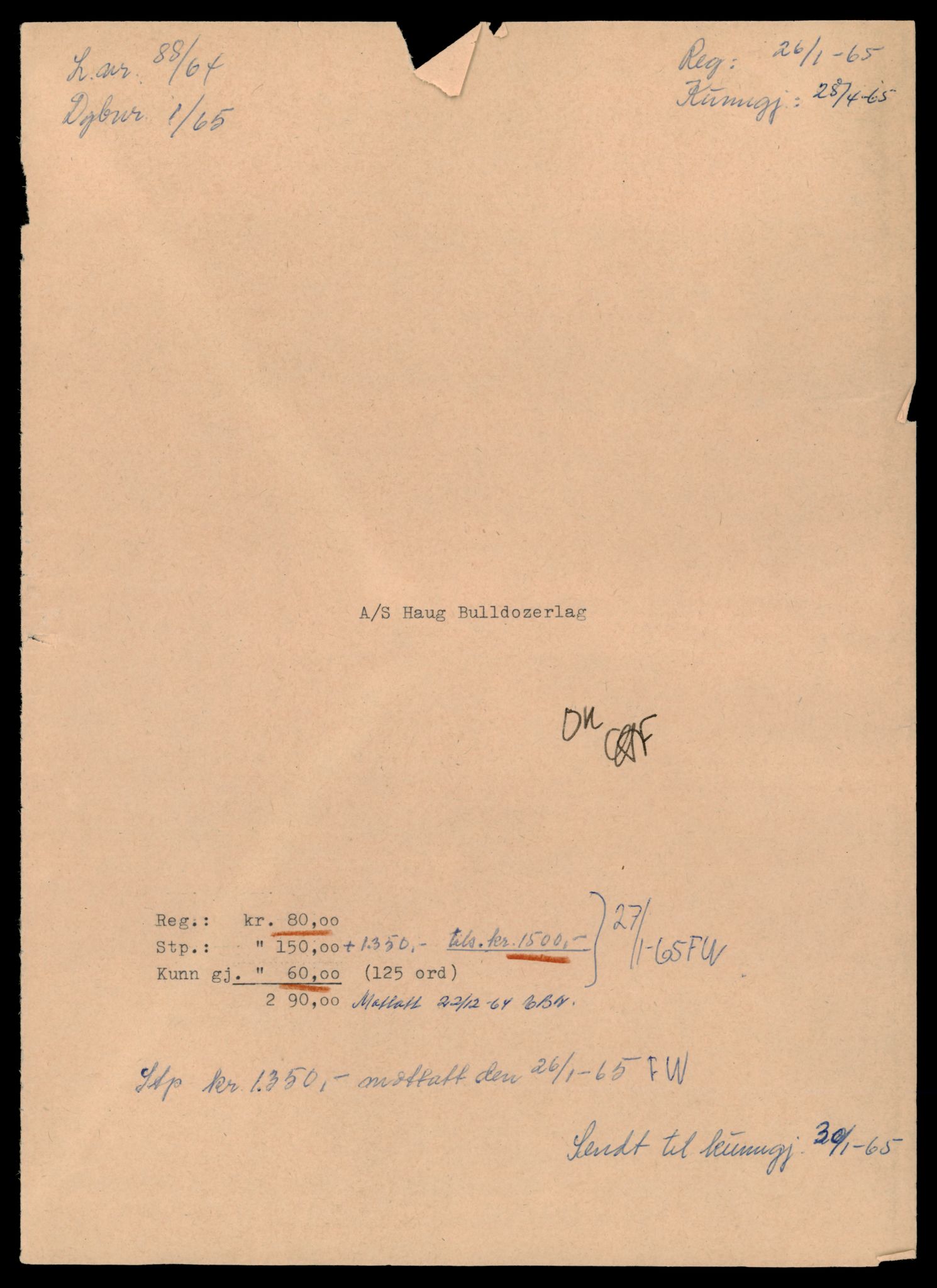 Asker og Bærum tingrett, SAT/A-10379/K/Kb/Kba/L0093: Enkeltmannsforetak, aksjeselskap og andelslag i Asker og Vestre Bærum 1/1965 - 126/1967, 1965-1967, s. 1