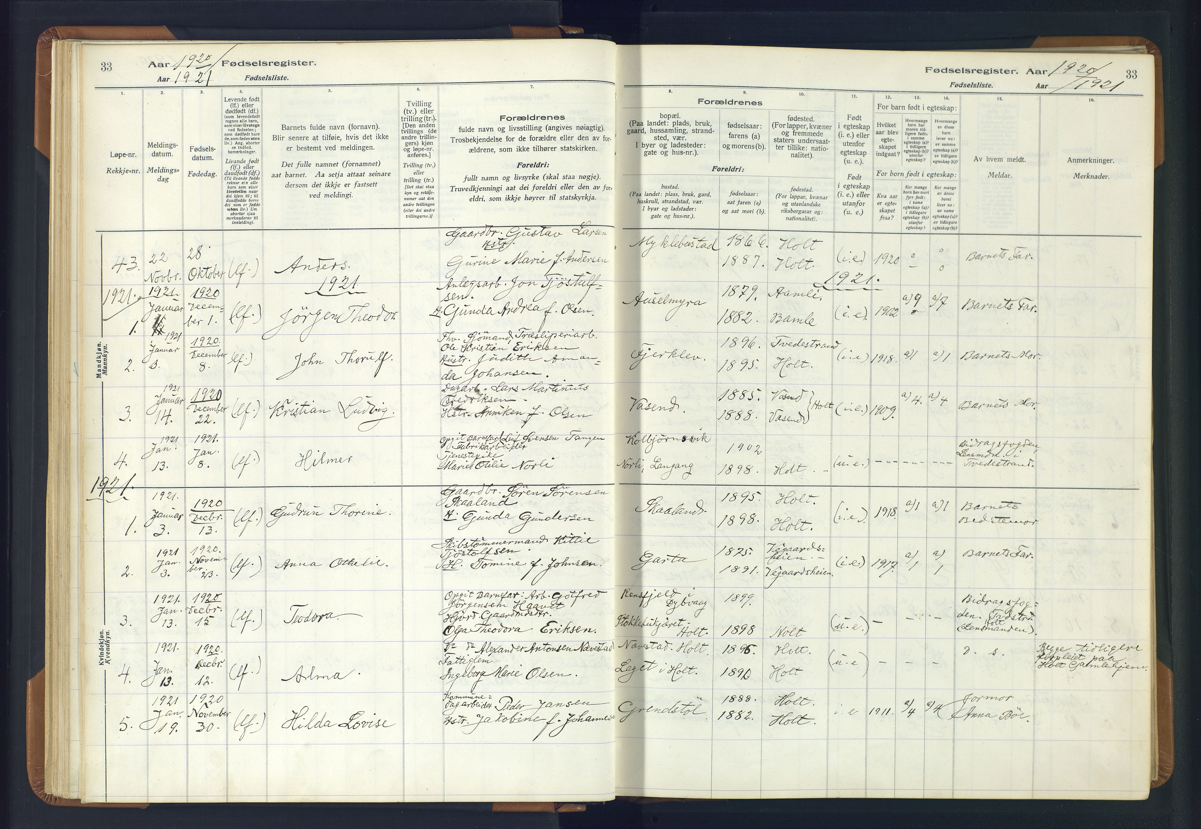Holt sokneprestkontor, SAK/1111-0021/J/Ja/L0001: Fødselsregister nr. II.4.1, 1916-1946, s. 33