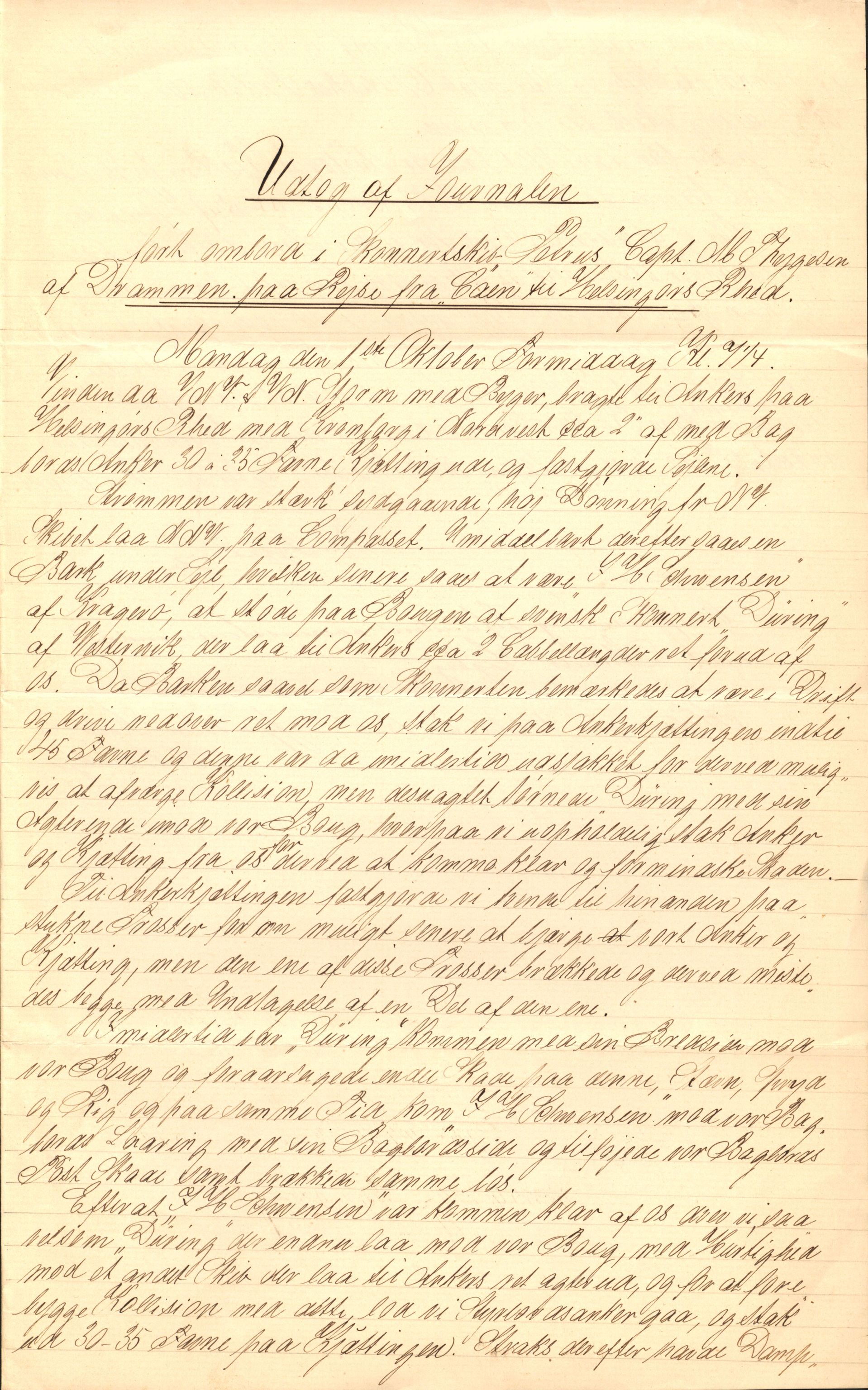 Pa 63 - Østlandske skibsassuranceforening, VEMU/A-1079/G/Ga/L0023/0004: Havaridokumenter / Petrus, Eimund, Eidsvold, Electra, Eliezer, Elise, 1888, s. 1