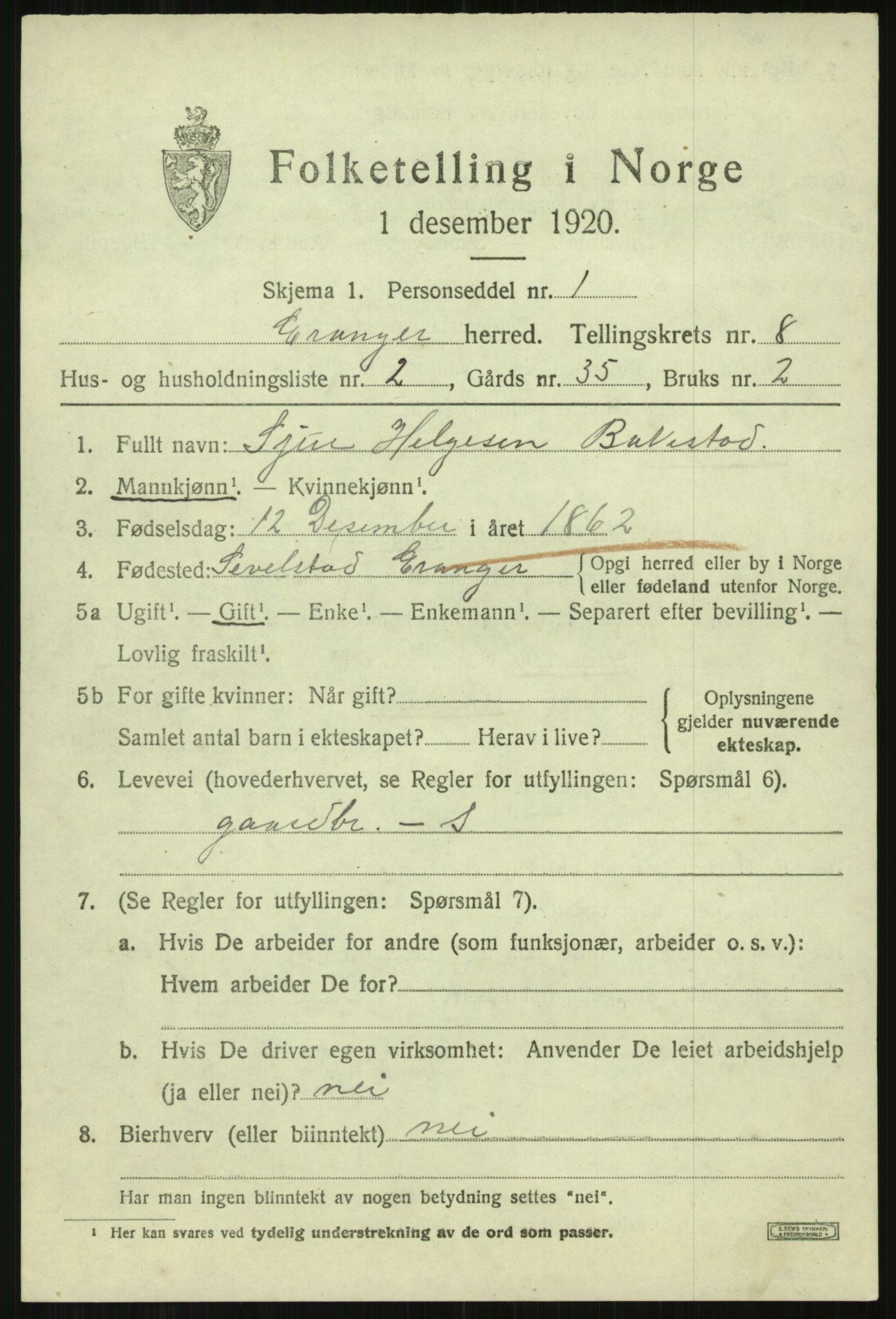 SAB, Folketelling 1920 for 1237 Evanger herred, 1920, s. 2497