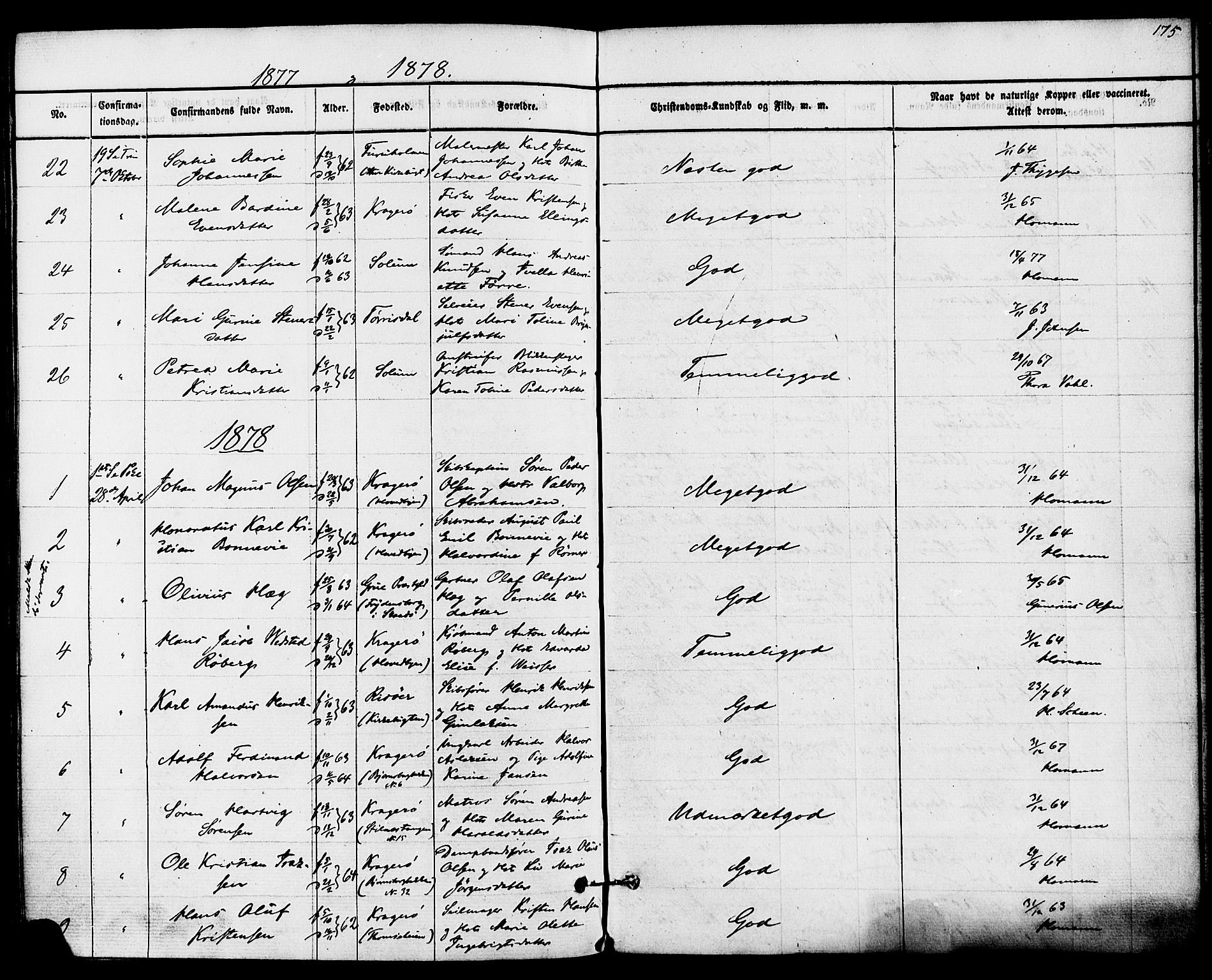 Kragerø kirkebøker, AV/SAKO-A-278/F/Fa/L0008: Ministerialbok nr. 8, 1856-1880, s. 175