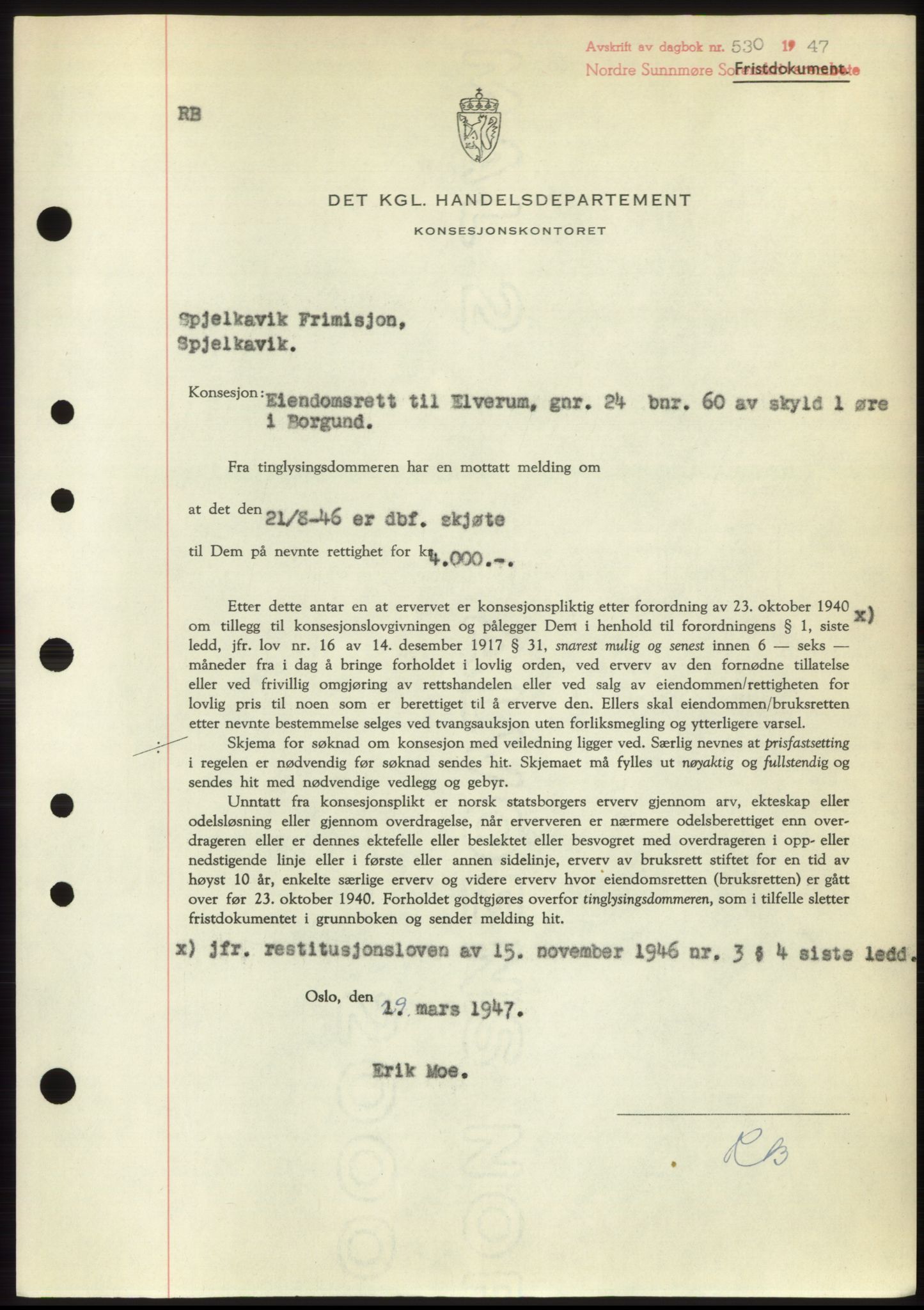 Nordre Sunnmøre sorenskriveri, SAT/A-0006/1/2/2C/2Ca: Pantebok nr. B6-14 b, 1946-1947, Dagboknr: 530/1947