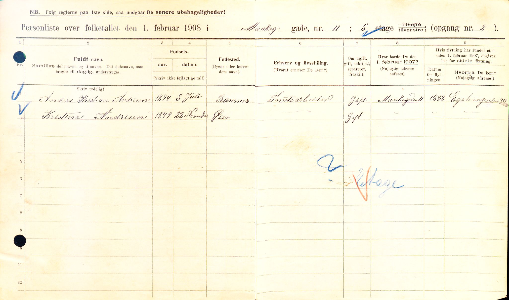 OBA, Kommunal folketelling 1.2.1908 for Kristiania kjøpstad, 1908, s. 61000