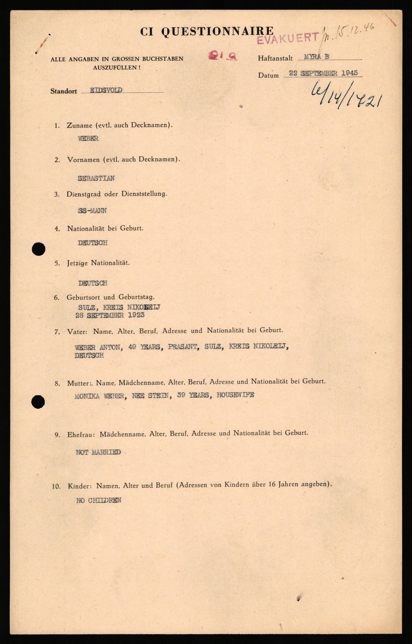 Forsvaret, Forsvarets overkommando II, AV/RA-RAFA-3915/D/Db/L0035: CI Questionaires. Tyske okkupasjonsstyrker i Norge. Tyskere., 1945-1946, s. 12