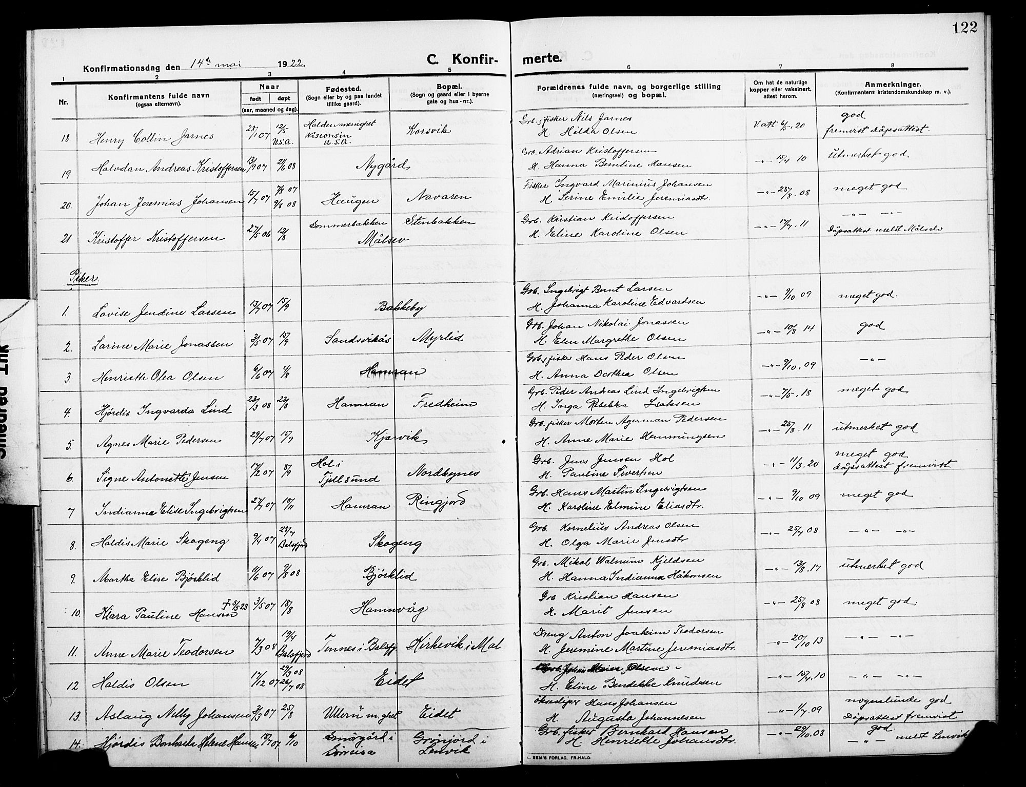 Balsfjord sokneprestembete, AV/SATØ-S-1303/G/Gab/L0004klokker: Klokkerbok nr. 4, 1910-1926, s. 122
