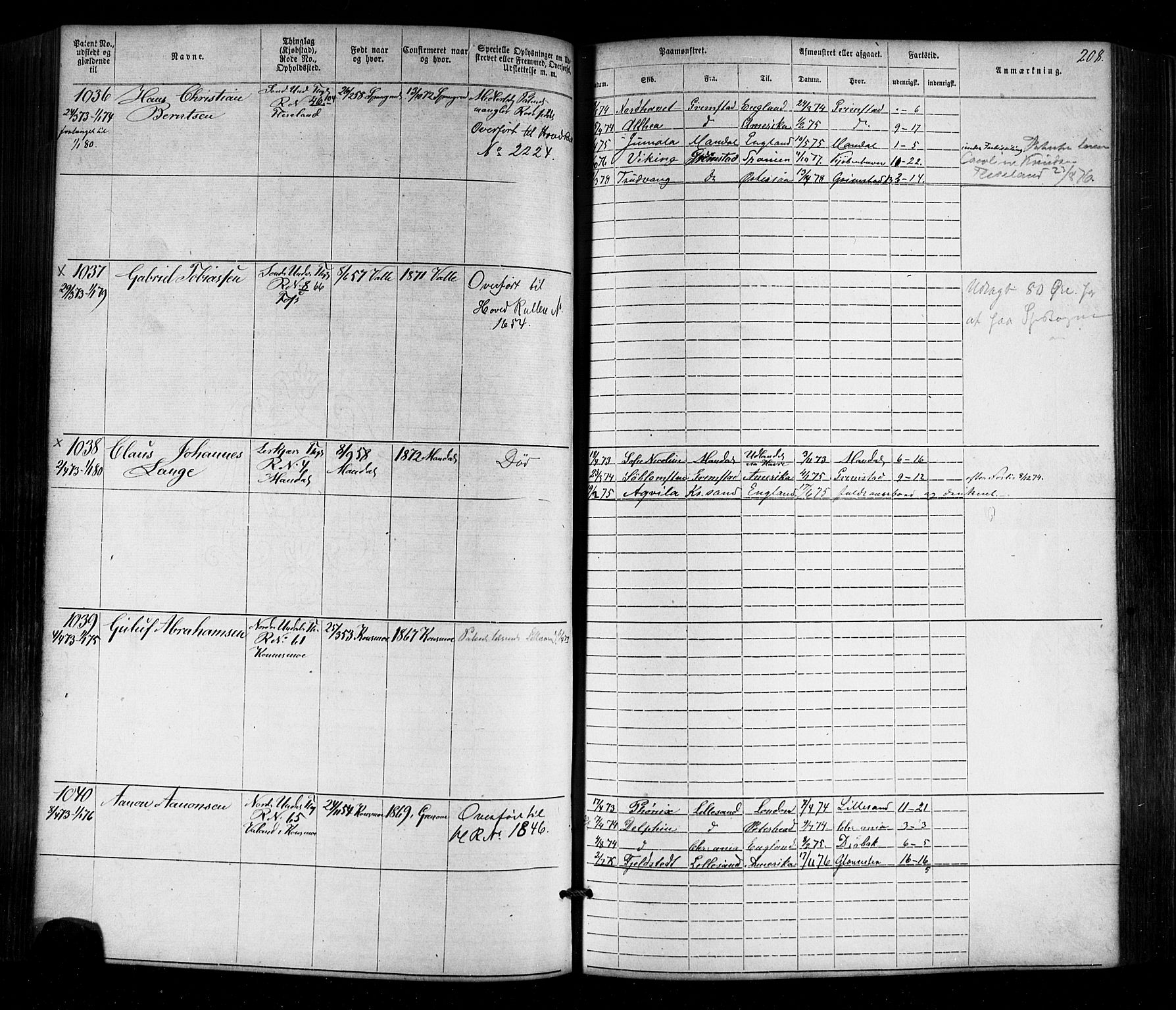 Mandal mønstringskrets, AV/SAK-2031-0016/F/Fa/L0005: Annotasjonsrulle nr 1-1909 med register, Y-15, 1868-1880, s. 243