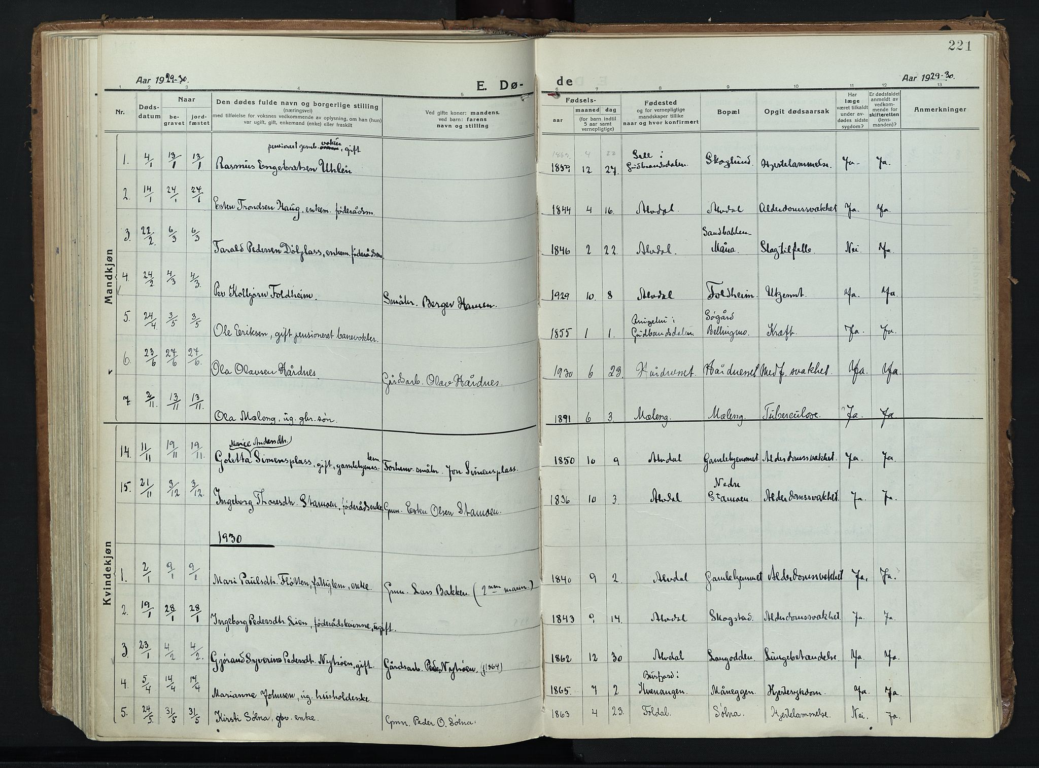 Alvdal prestekontor, AV/SAH-PREST-060/H/Ha/Haa/L0006: Ministerialbok nr. 6, 1920-1937, s. 221
