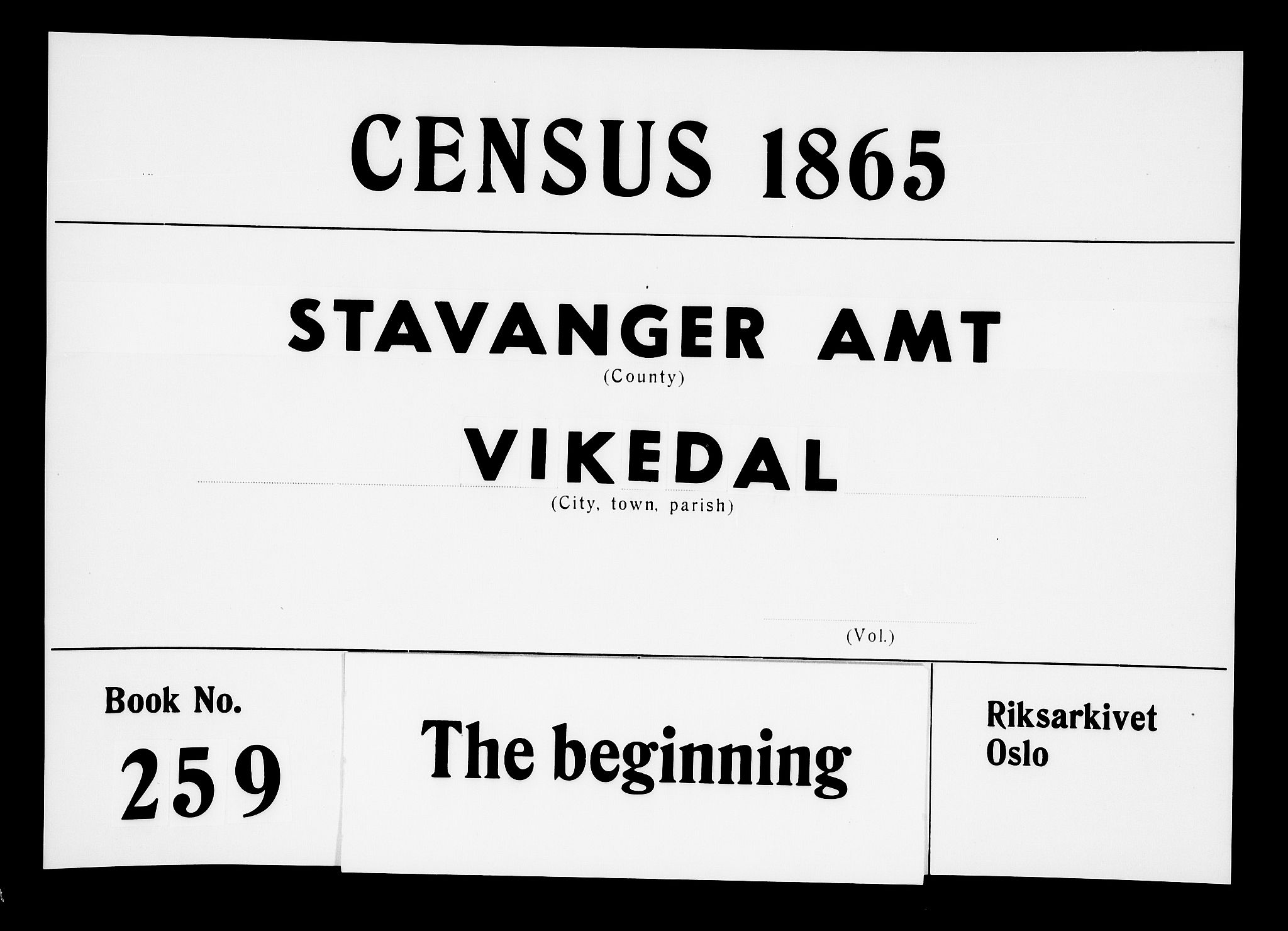 RA, Folketelling 1865 for 1157P Vikedal prestegjeld, 1865, s. 1