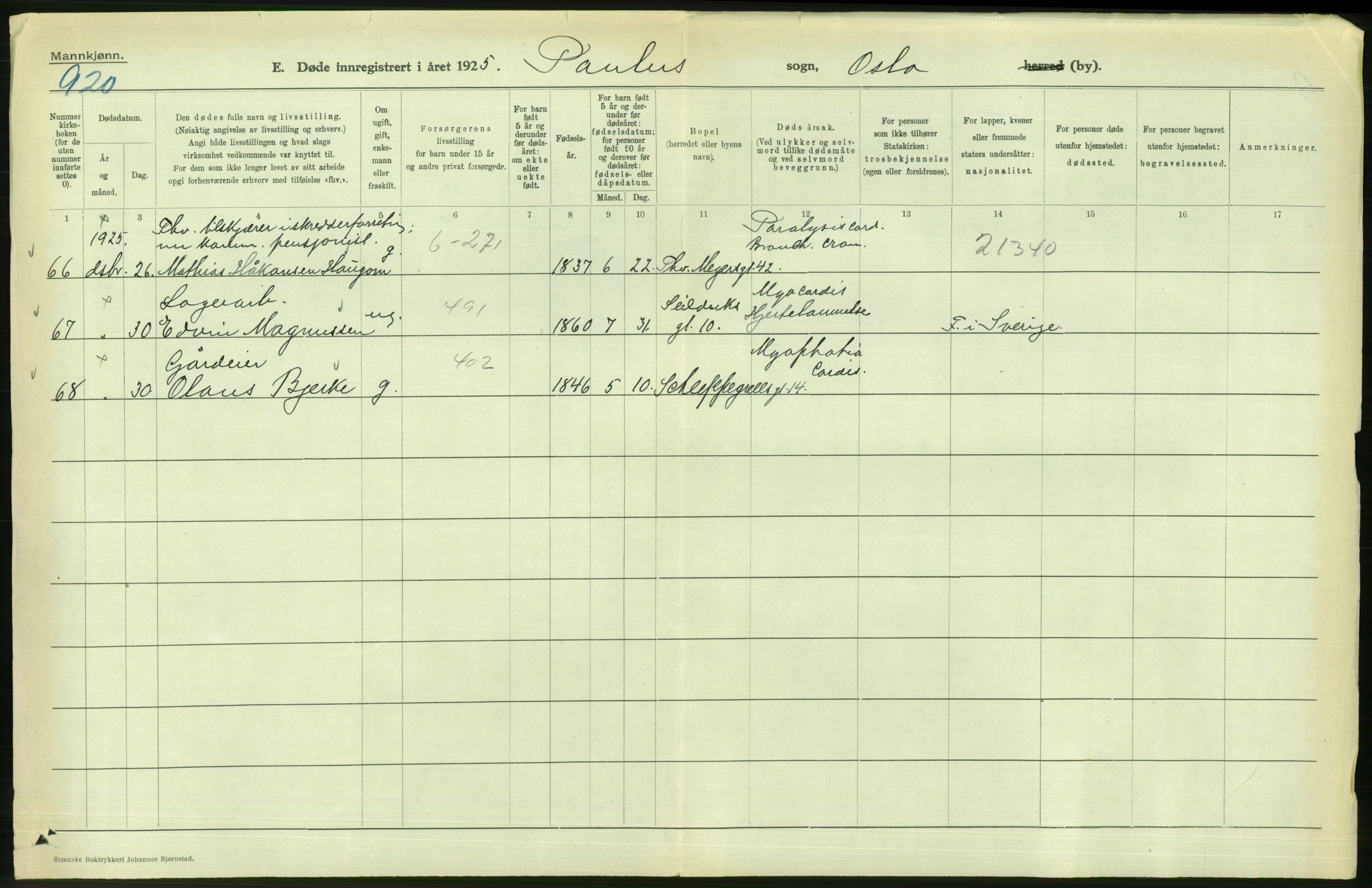 Statistisk sentralbyrå, Sosiodemografiske emner, Befolkning, AV/RA-S-2228/D/Df/Dfc/Dfce/L0009: Oslo: Døde menn, 1925, s. 76