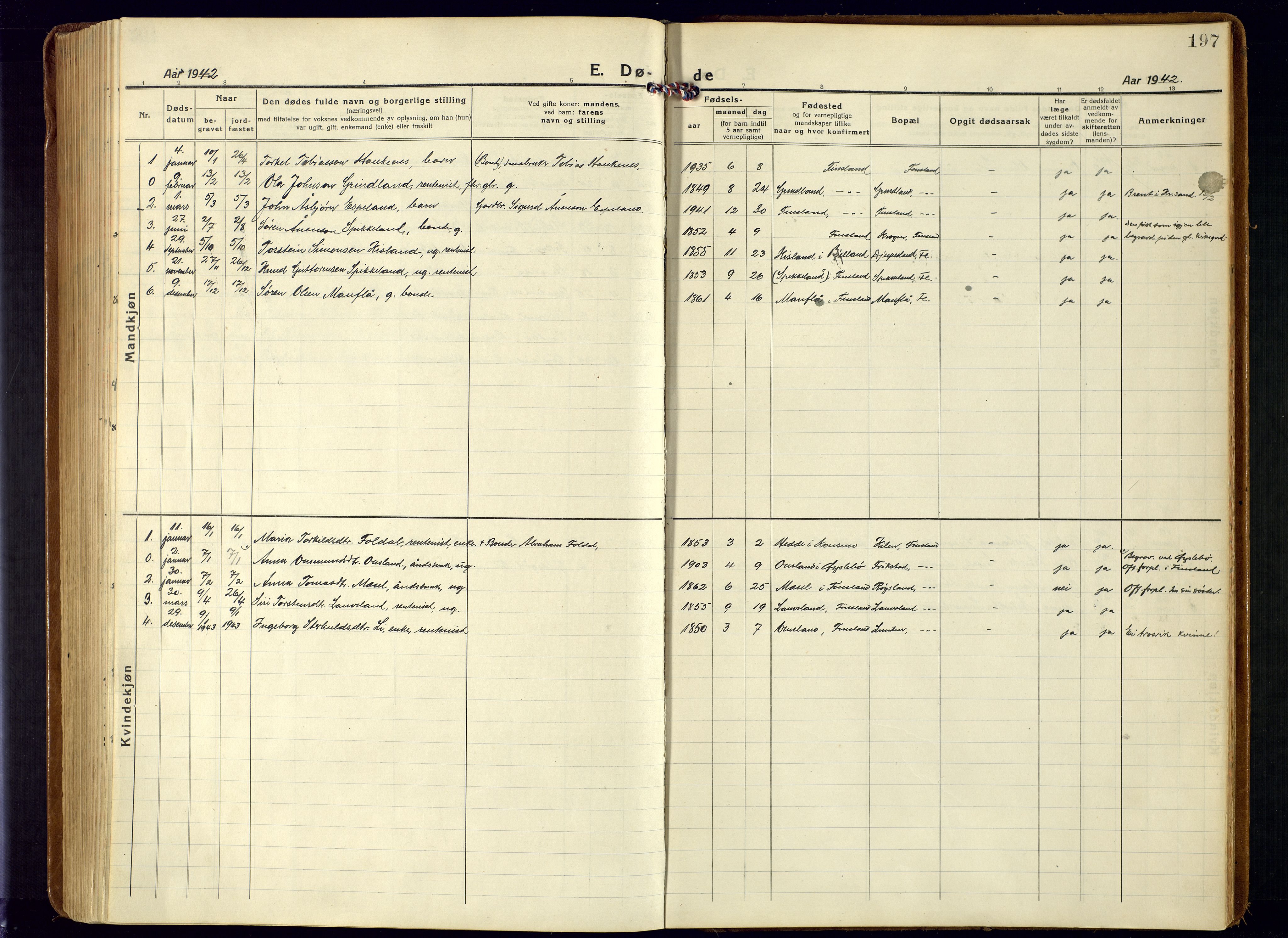 Bjelland sokneprestkontor, AV/SAK-1111-0005/F/Fa/Fab/L0005: Ministerialbok nr. A 5, 1921-1951, s. 197