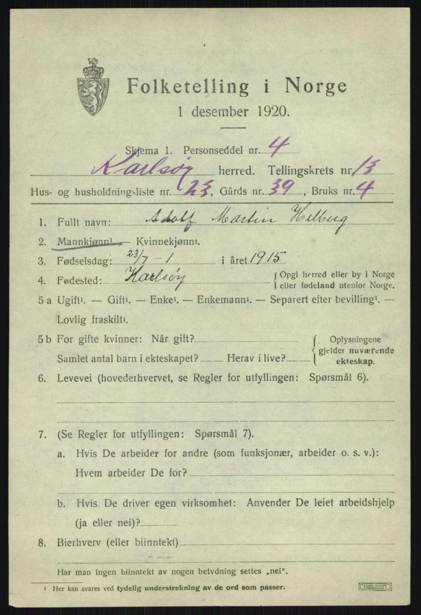 SATØ, Folketelling 1920 for 1936 Karlsøy herred, 1920, s. 4918