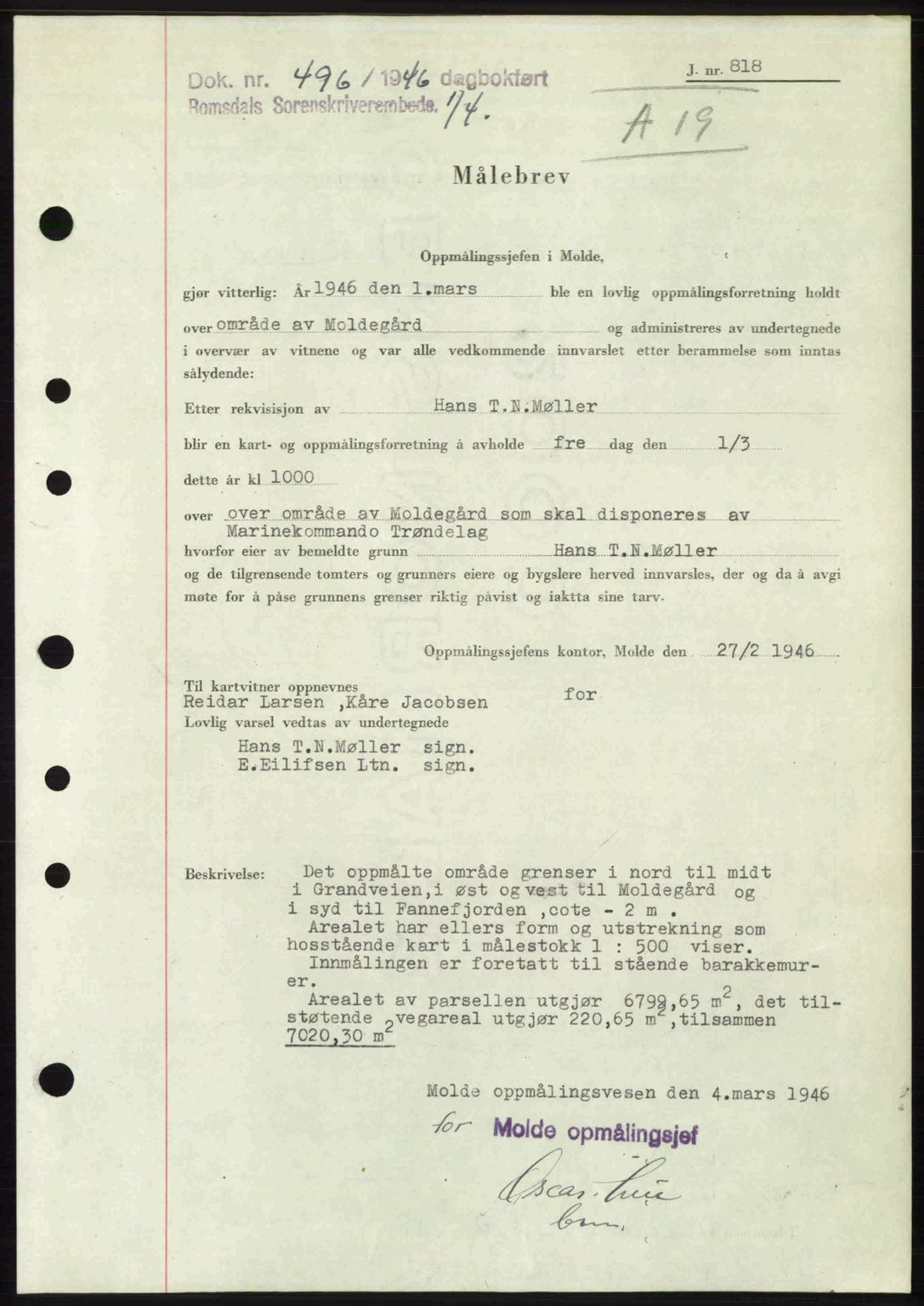 Romsdal sorenskriveri, AV/SAT-A-4149/1/2/2C: Pantebok nr. A19, 1946-1946, Dagboknr: 496/1946