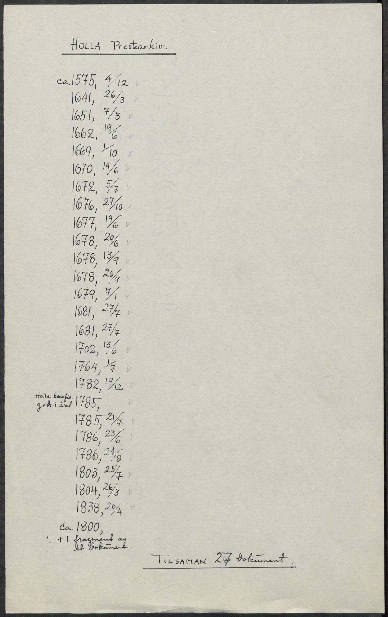 Riksarkivets diplomsamling, AV/RA-EA-5965/F15/L0026: Prestearkiv - Telemark, 1575-1838, s. 25