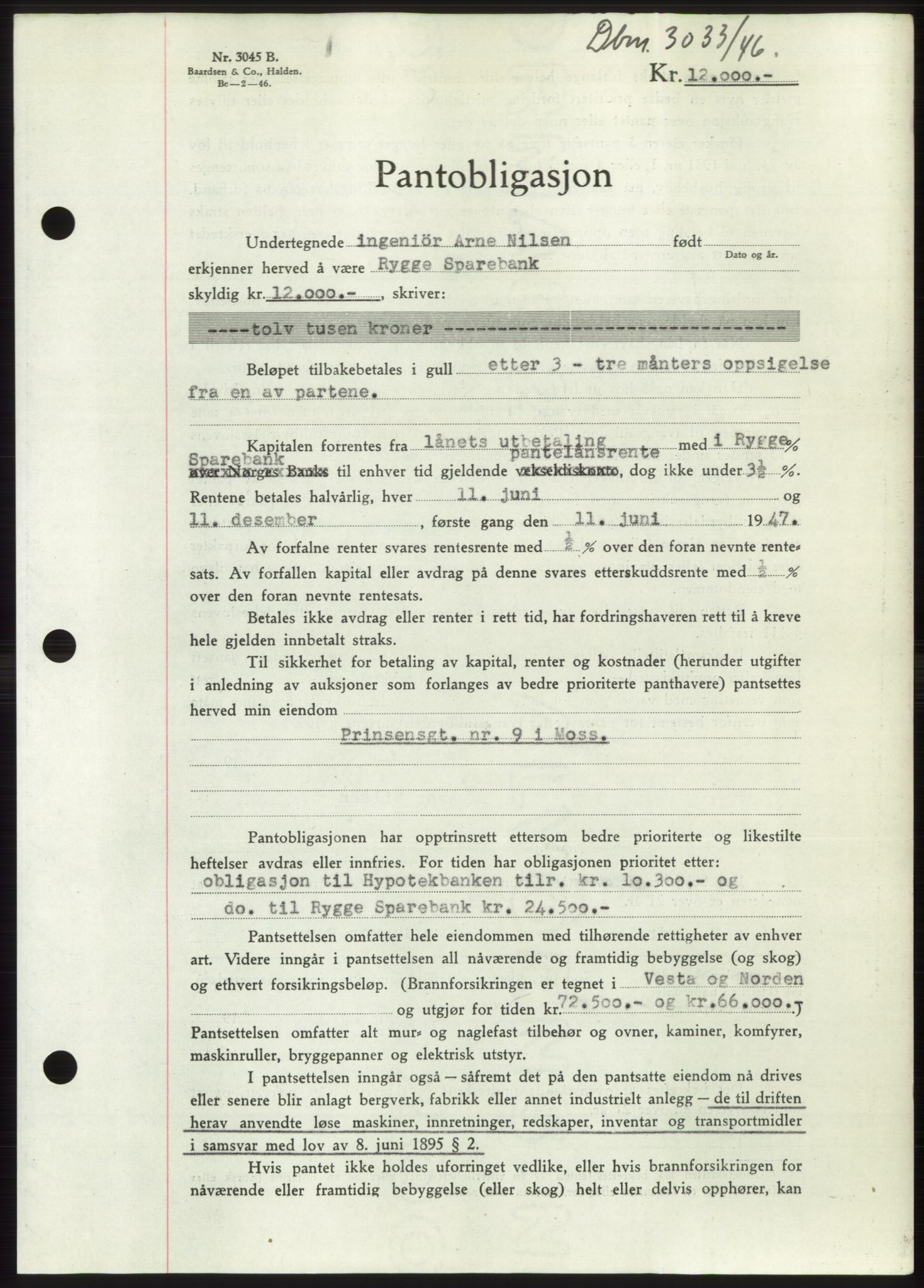 Moss sorenskriveri, SAO/A-10168: Pantebok nr. B16, 1946-1947, Dagboknr: 3033/1946