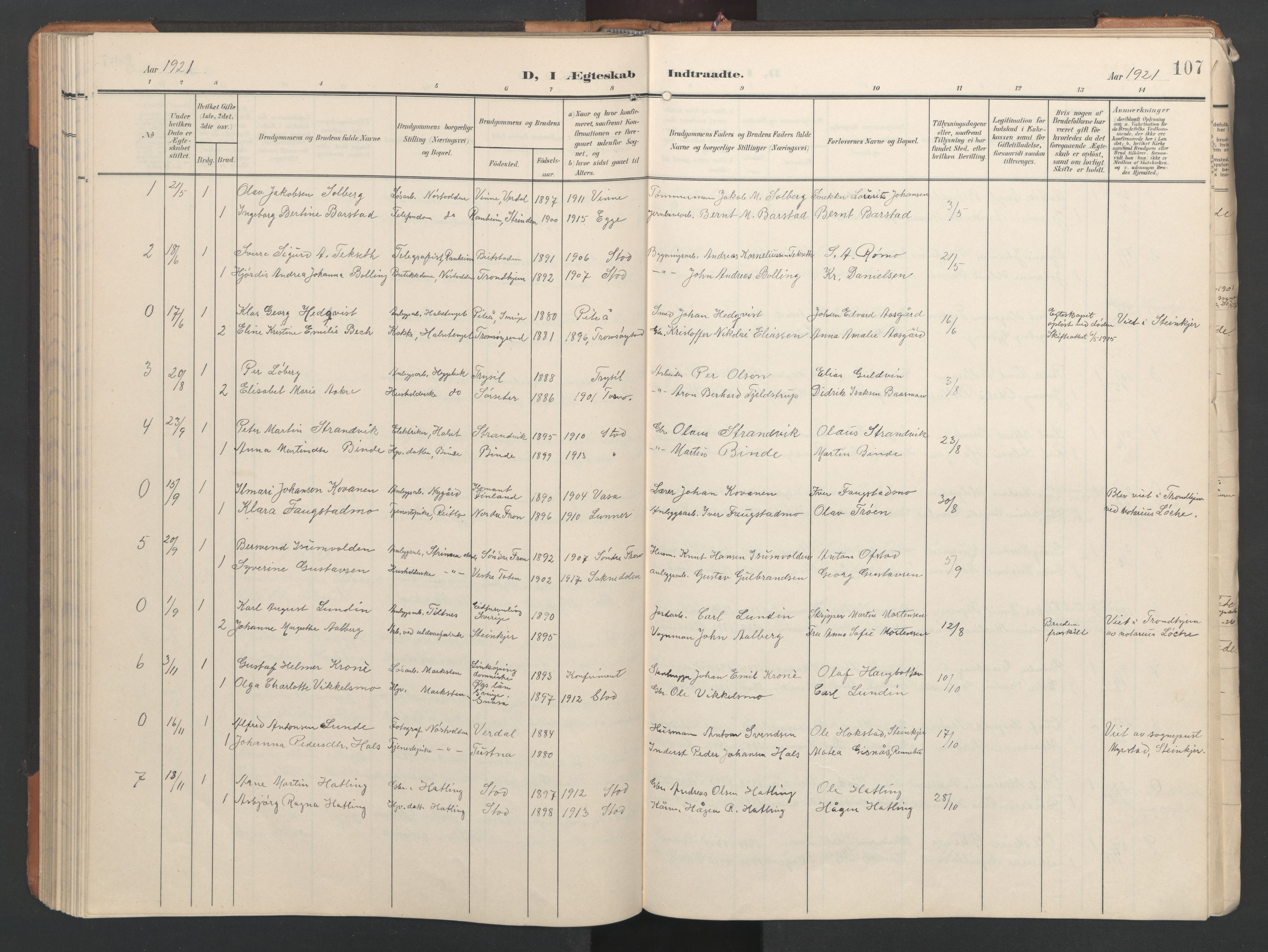 Ministerialprotokoller, klokkerbøker og fødselsregistre - Nord-Trøndelag, AV/SAT-A-1458/746/L0455: Klokkerbok nr. 746C01, 1908-1933, s. 107