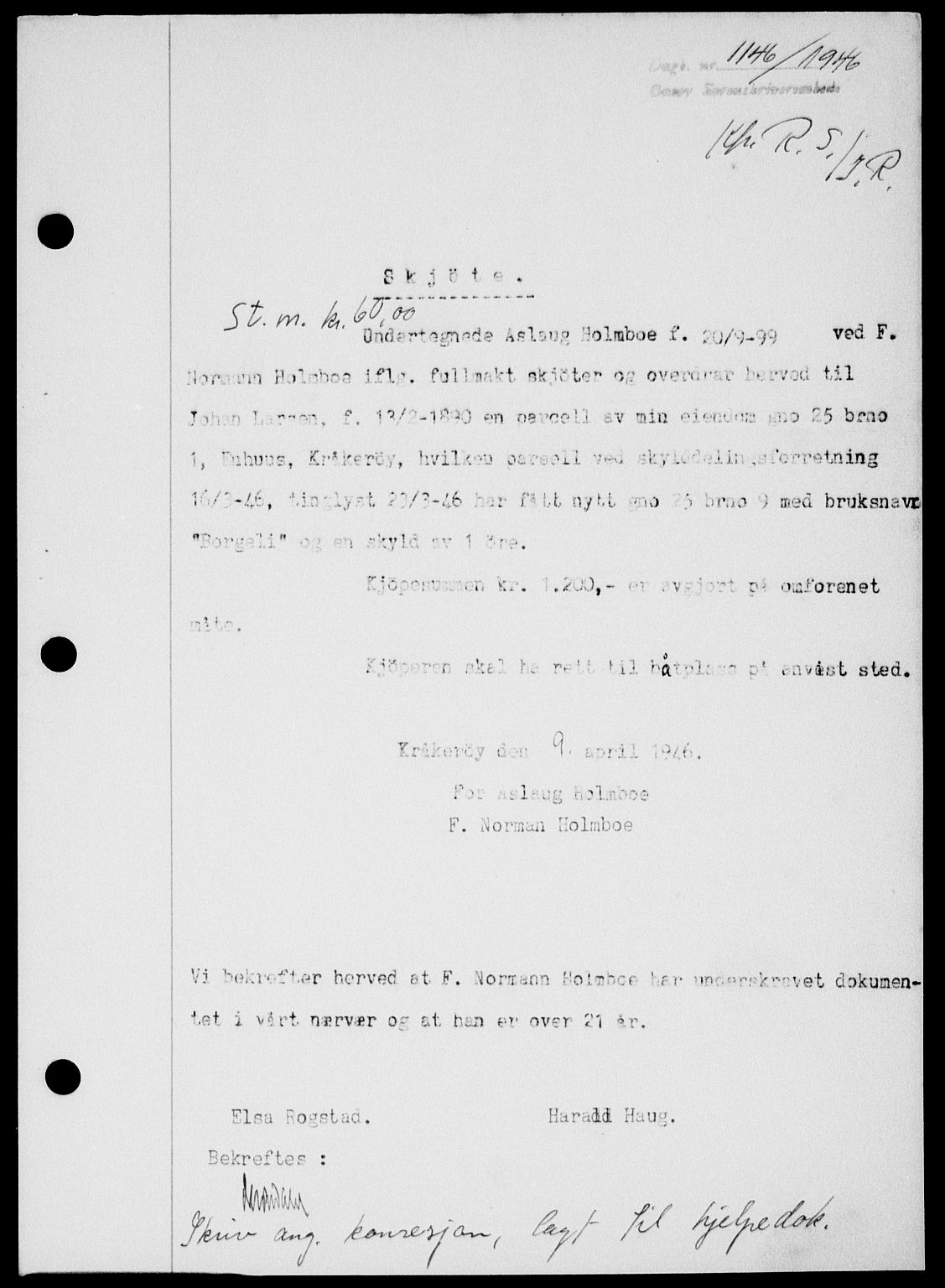 Onsøy sorenskriveri, SAO/A-10474/G/Ga/Gab/L0016: Pantebok nr. II A-16, 1946-1946, Dagboknr: 1146/1946
