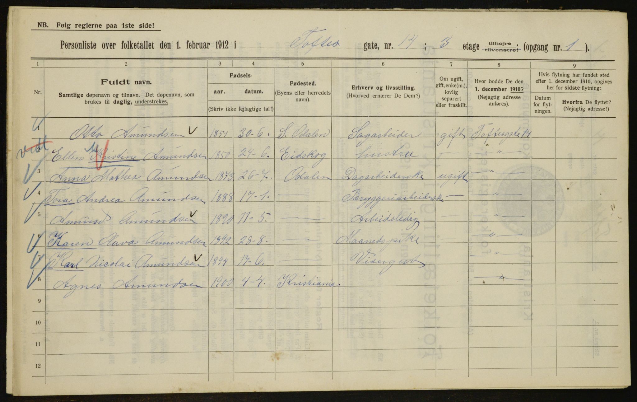 OBA, Kommunal folketelling 1.2.1912 for Kristiania, 1912, s. 111526