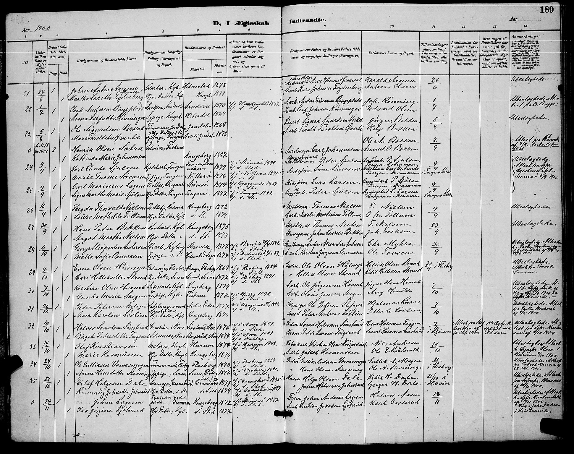 Kongsberg kirkebøker, AV/SAKO-A-22/G/Ga/L0006: Klokkerbok nr. 6, 1890-1901, s. 189