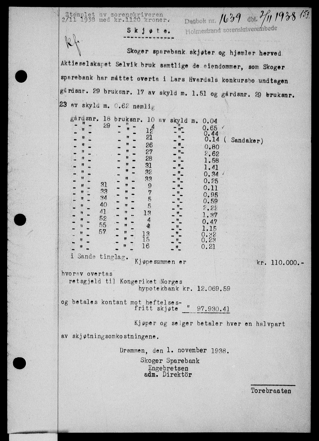Holmestrand sorenskriveri, SAKO/A-67/G/Ga/Gaa/L0050: Pantebok nr. A-50, 1938-1939, Dagboknr: 1639/1938
