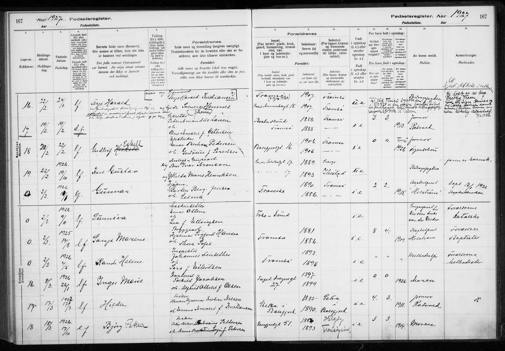 Tromsø sokneprestkontor/stiftsprosti/domprosti, AV/SATØ-S-1343/H/Ha/L0132: Fødselsregister nr. 132, 1921-1927, s. 167