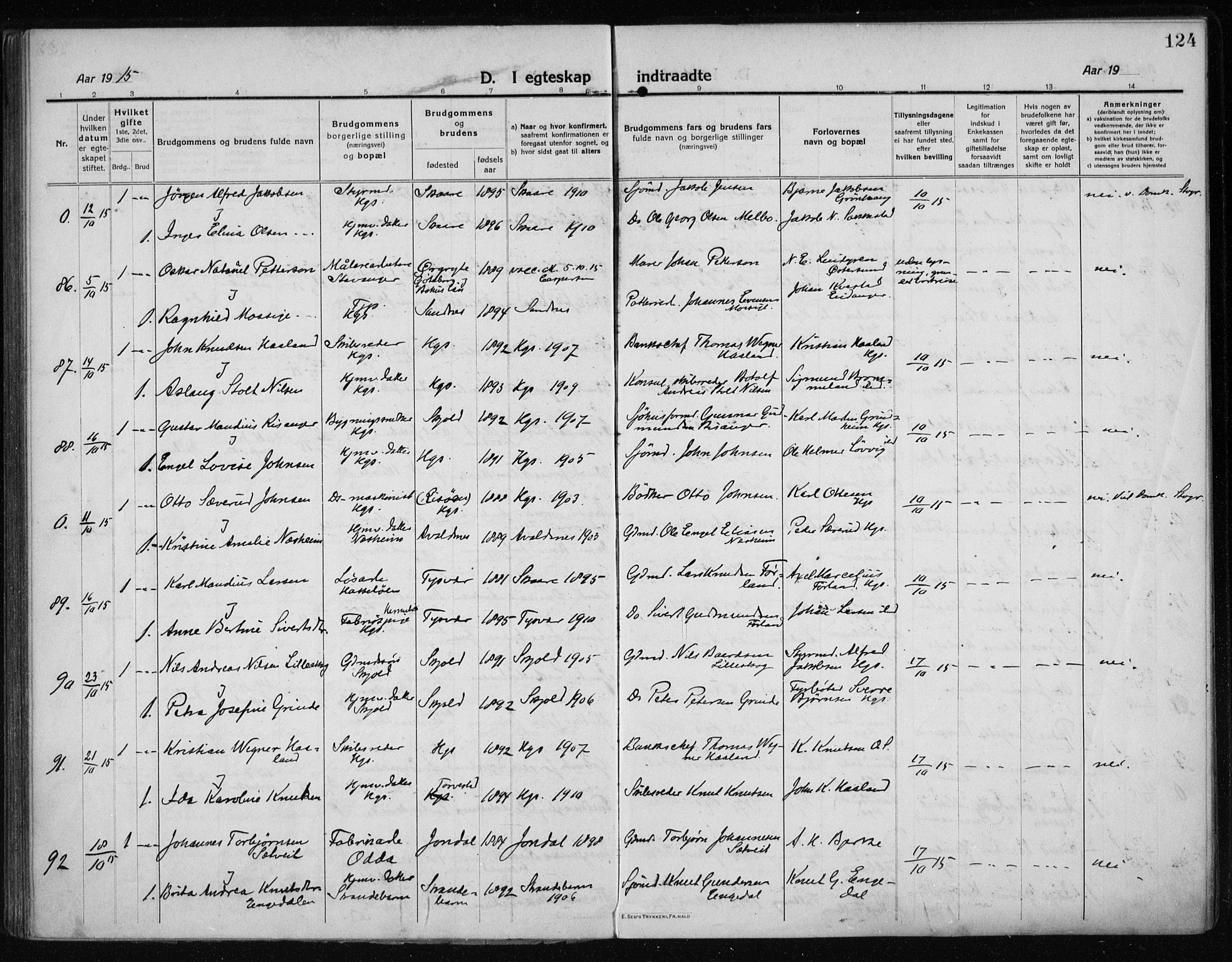 Haugesund sokneprestkontor, AV/SAST-A -101863/H/Ha/Haa/L0009: Ministerialbok nr. A 9, 1914-1929, s. 124