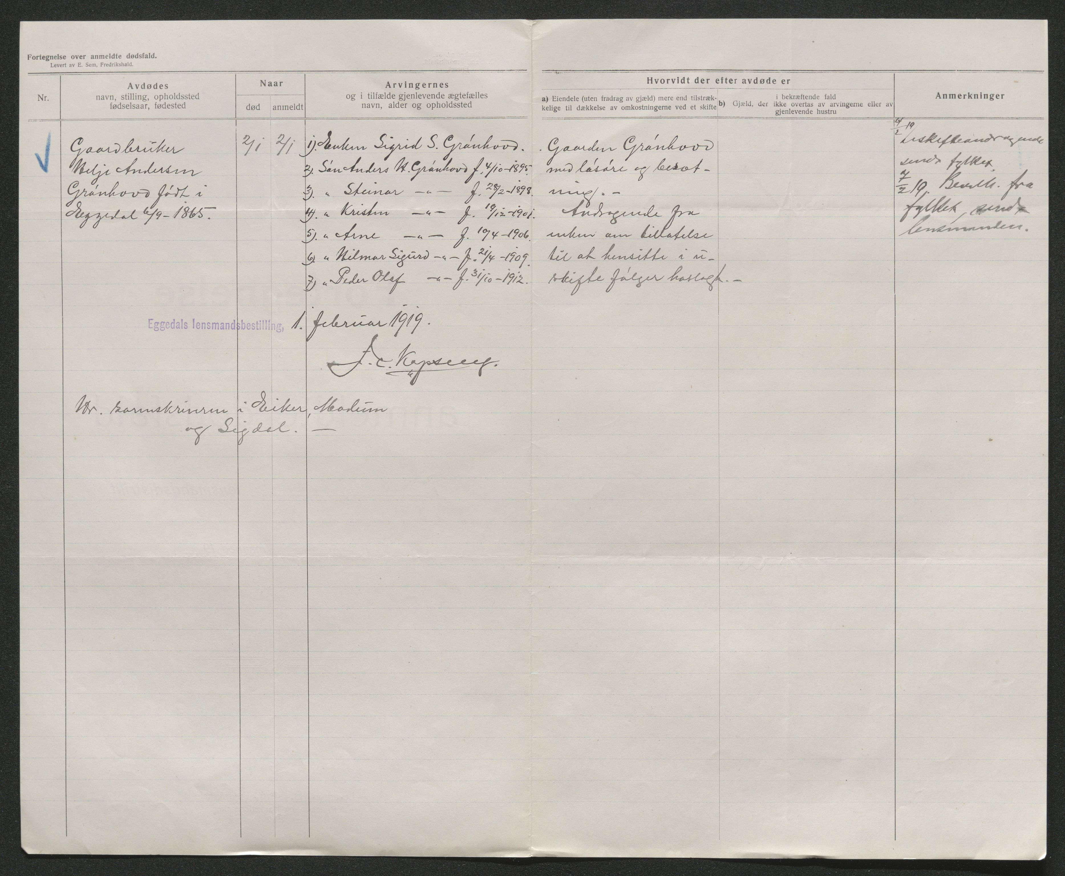 Eiker, Modum og Sigdal sorenskriveri, SAKO/A-123/H/Ha/Hab/L0039: Dødsfallsmeldinger, 1918-1919, s. 967