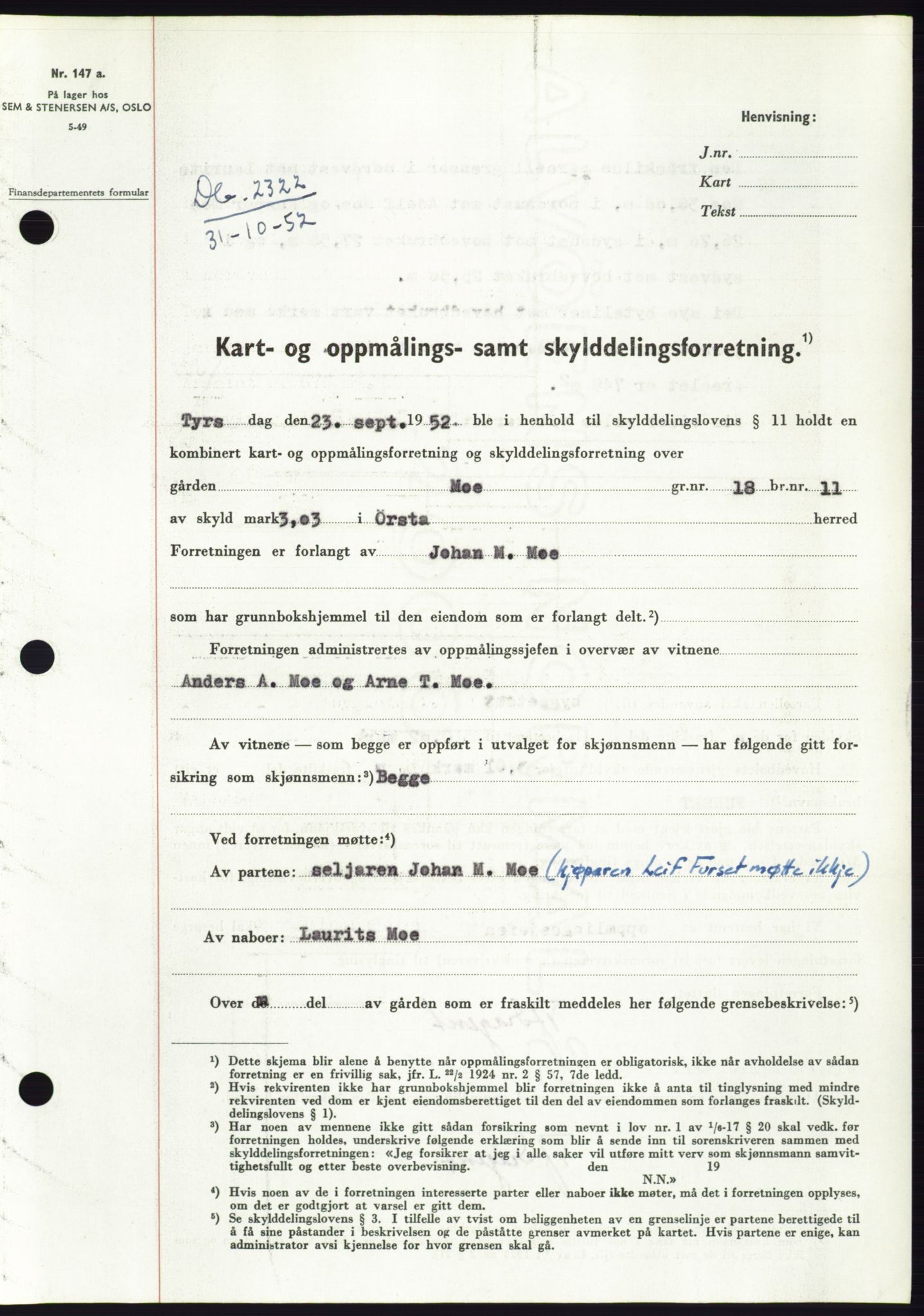 Søre Sunnmøre sorenskriveri, SAT/A-4122/1/2/2C/L0093: Pantebok nr. 19A, 1952-1953, Dagboknr: 2322/1952