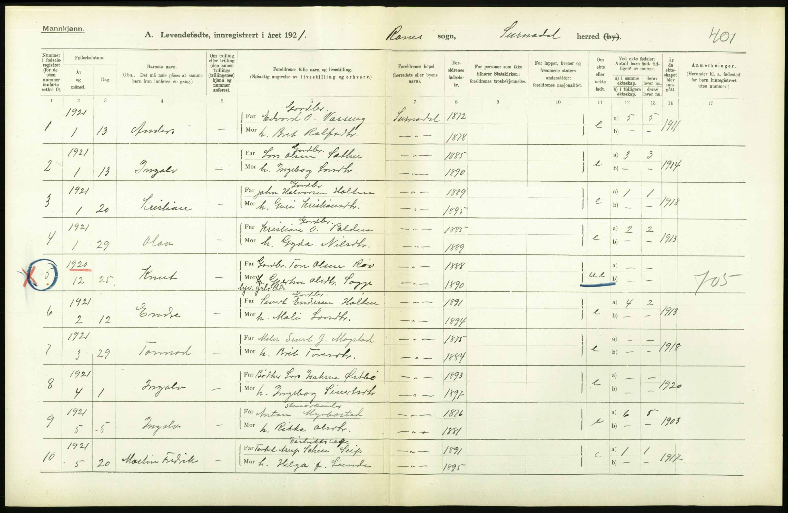 Statistisk sentralbyrå, Sosiodemografiske emner, Befolkning, RA/S-2228/D/Df/Dfc/Dfca/L0040: Møre fylke: Levendefødte menn og kvinner. Bygder., 1921, s. 596