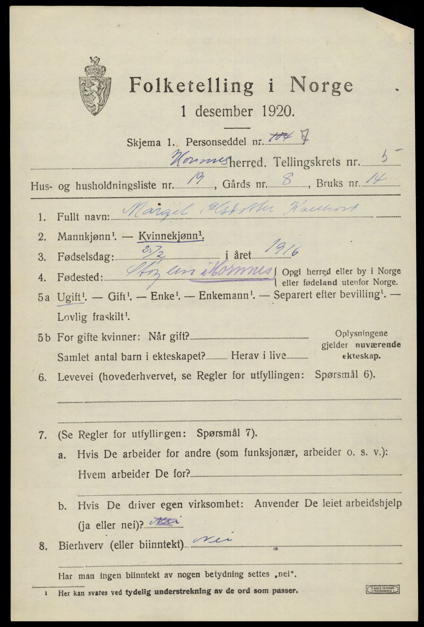 SAK, Folketelling 1920 for 0936 Hornnes herred, 1920, s. 1541