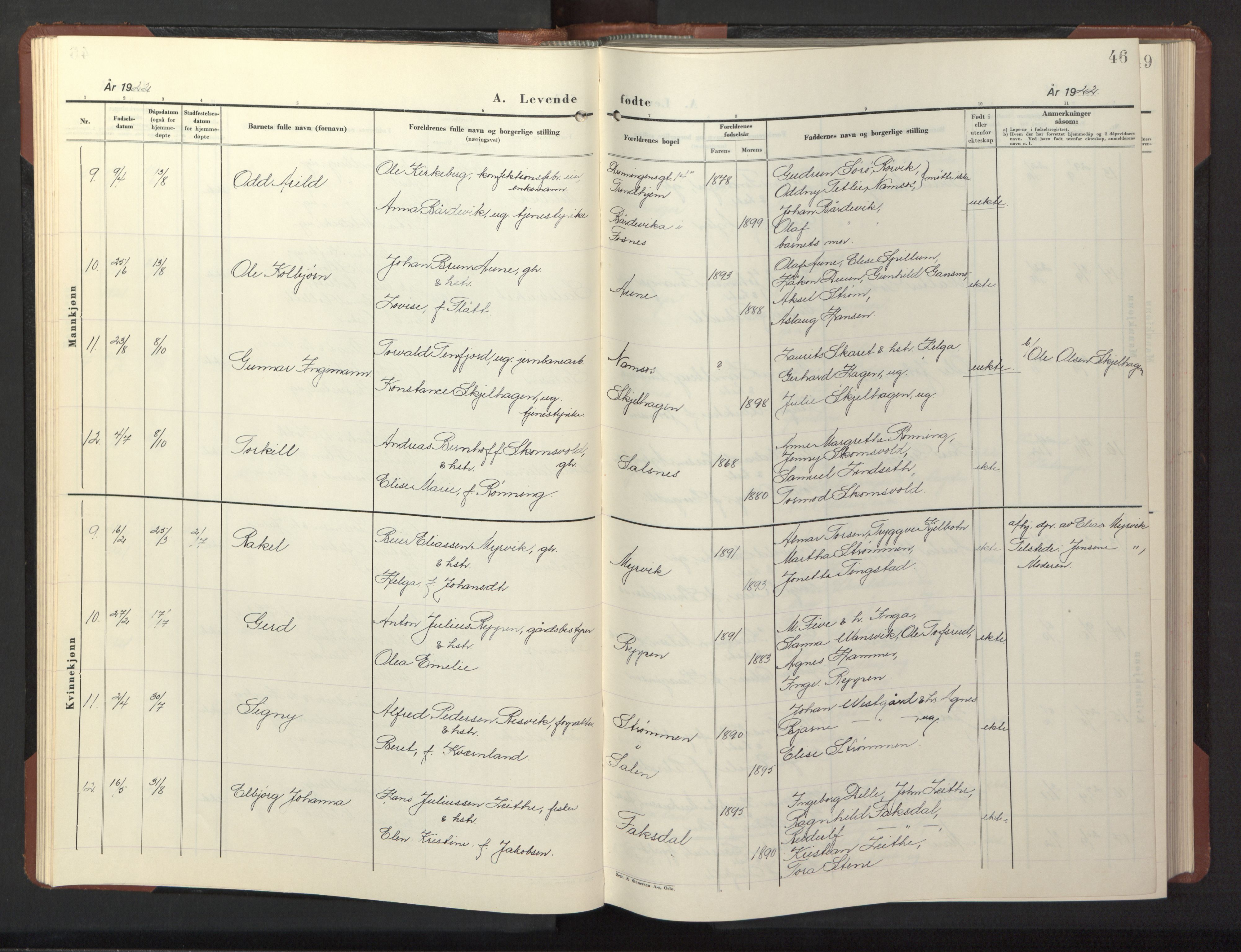 Ministerialprotokoller, klokkerbøker og fødselsregistre - Nord-Trøndelag, AV/SAT-A-1458/773/L0625: Klokkerbok nr. 773C01, 1910-1952, s. 46