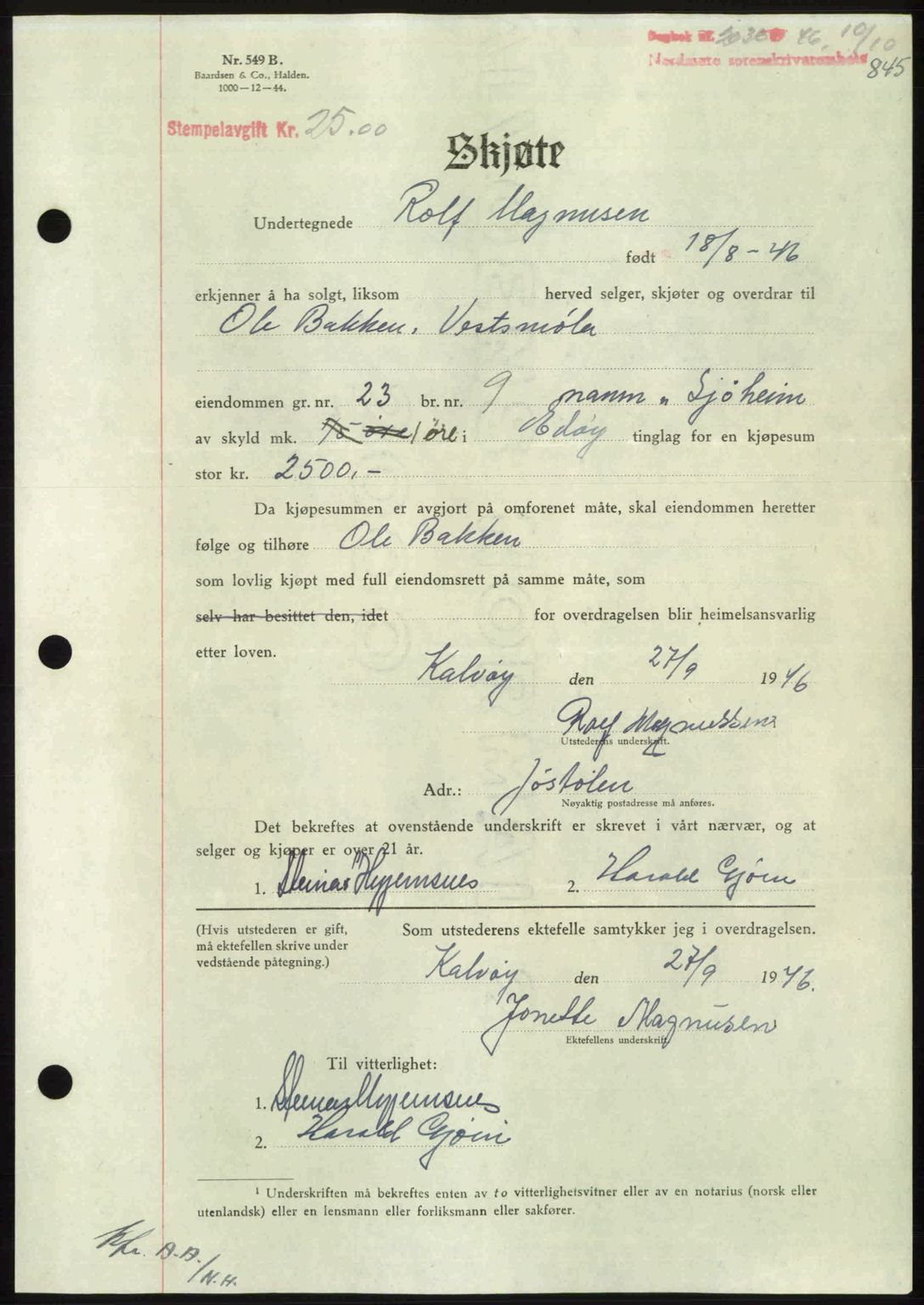 Nordmøre sorenskriveri, SAT/A-4132/1/2/2Ca: Pantebok nr. A102, 1946-1946, Dagboknr: 2036/1946