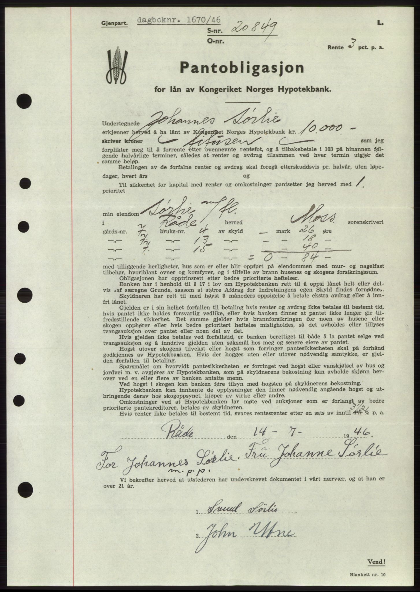 Moss sorenskriveri, SAO/A-10168: Pantebok nr. B15, 1946-1946, Dagboknr: 1670/1946