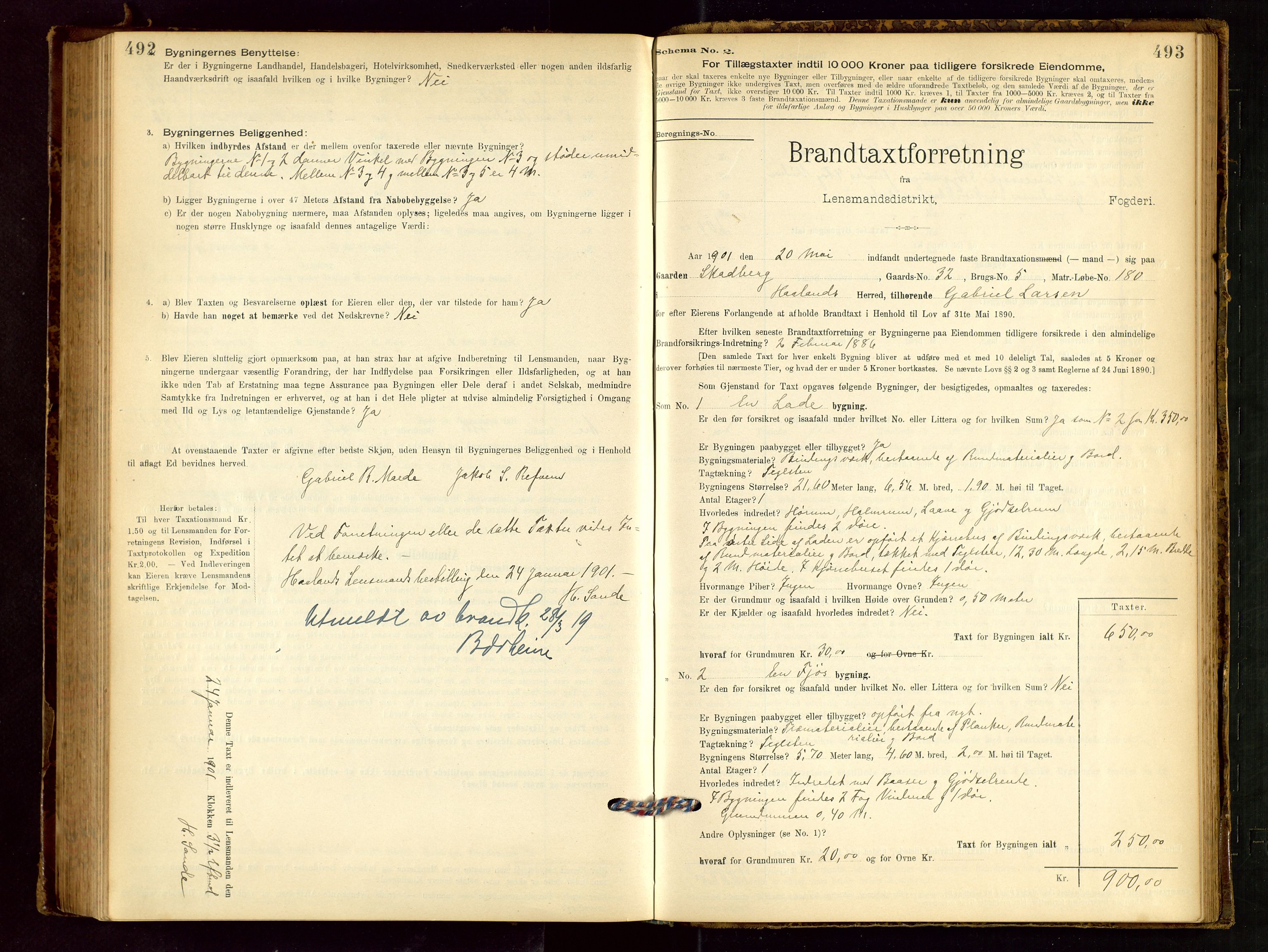 Håland lensmannskontor, SAST/A-100100/Gob/L0001: Branntakstprotokoll - skjematakst. Register i boken., 1894-1902, s. 492-493