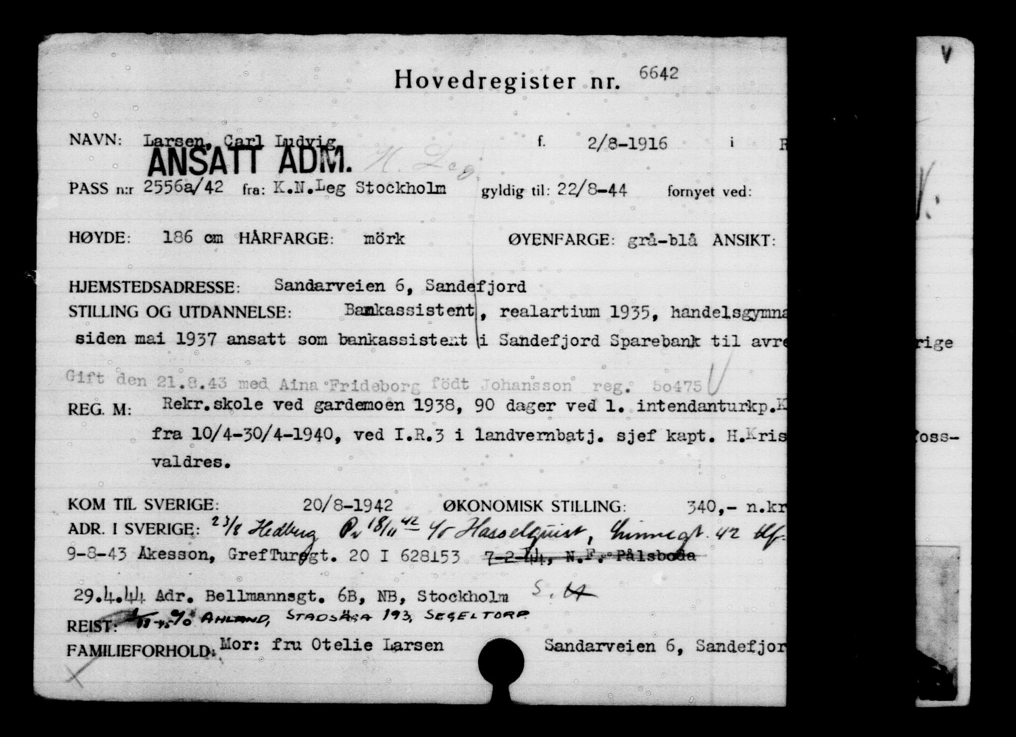 Utenriksstasjonene, Legasjonen i Stockholm, Flyktningkontoret, AV/RA-S-6753/V/Va/L0005: Kjesäterkartoteket, flyktninger med registreringsnr. 6600-9417, 1940-1945, s. 53