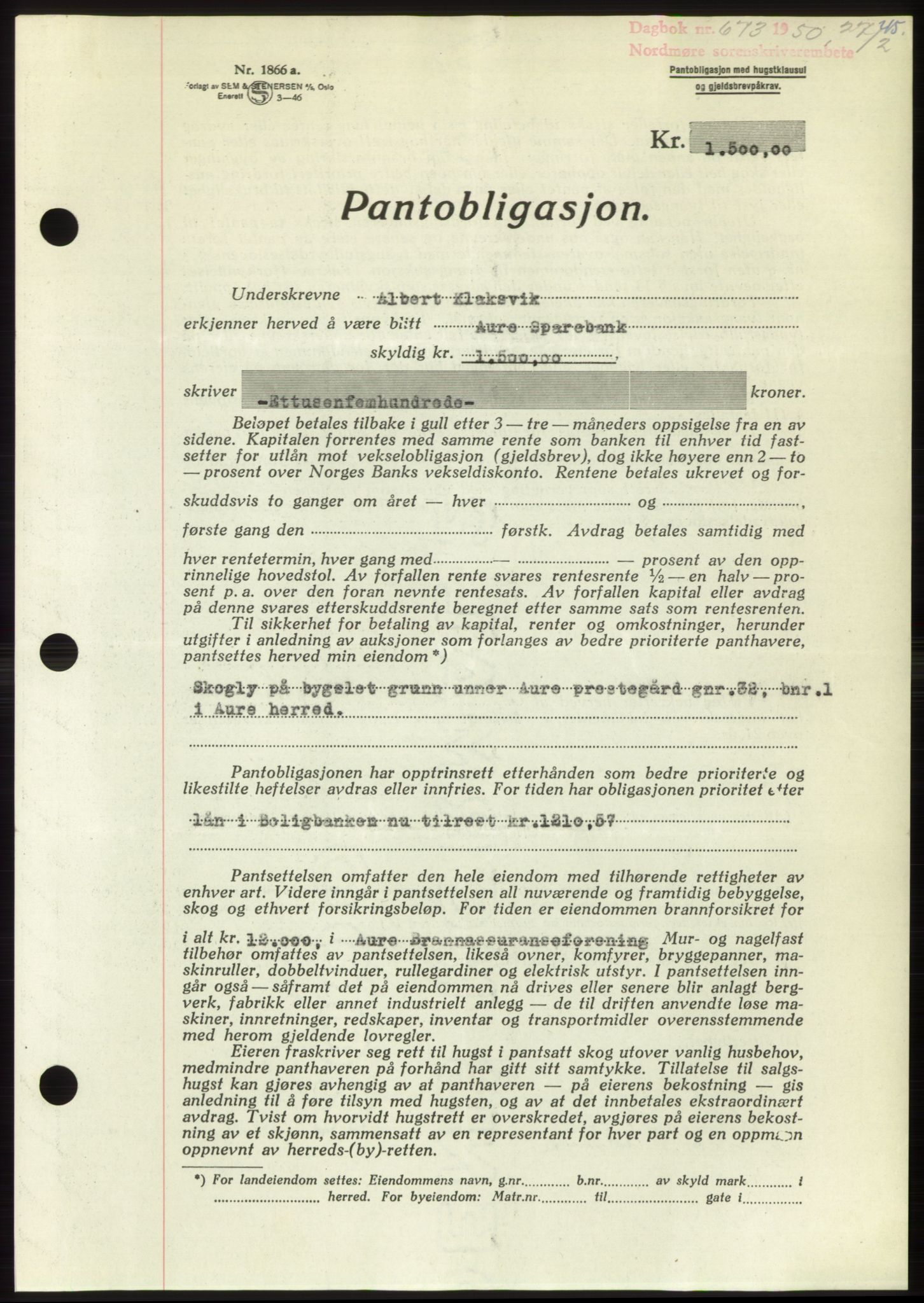 Nordmøre sorenskriveri, SAT/A-4132/1/2/2Ca: Pantebok nr. B104, 1950-1950, Dagboknr: 673/1950